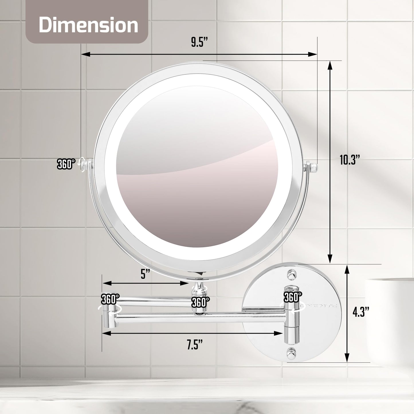 OVENTE Wall Mounted Lighted Makeup Mirror, 9" Double Sided 1X/10X Magnifying Vanity Mirror for Bathroom with LED Lights, Cordless, 360° Rotation and 13" Extendable Arm, Polished Chrome MFW85CH1X10X
