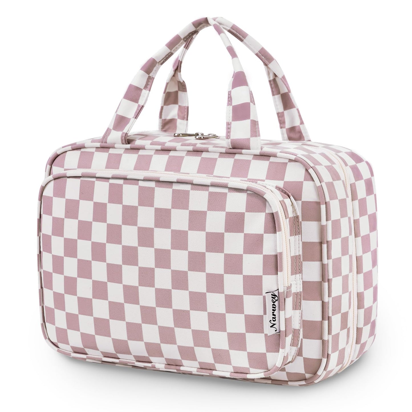Narwey Travel Toiletry Bag for Women Large Hanging Makeup Bag Organizer Toiletries Bag for Full Size Essentials Accessories Cosmetics (Dusty Pink Checkerboard (Large))