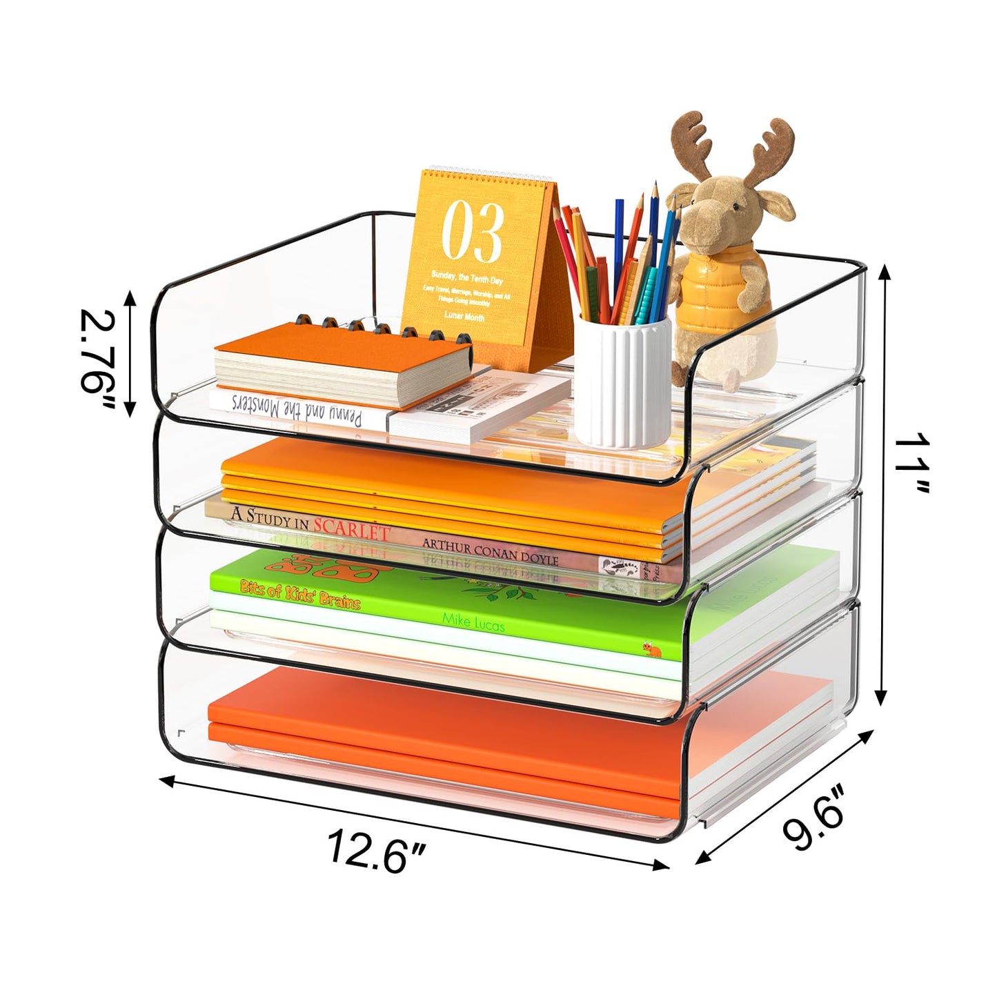 FANXIYQ 4-Tier Acrylic Paper Tray Organizer - Low-Profile Desk File Sorter for Office/Home, Clear Stackable Letter Tray for Bills, Crafts, Notebooks
