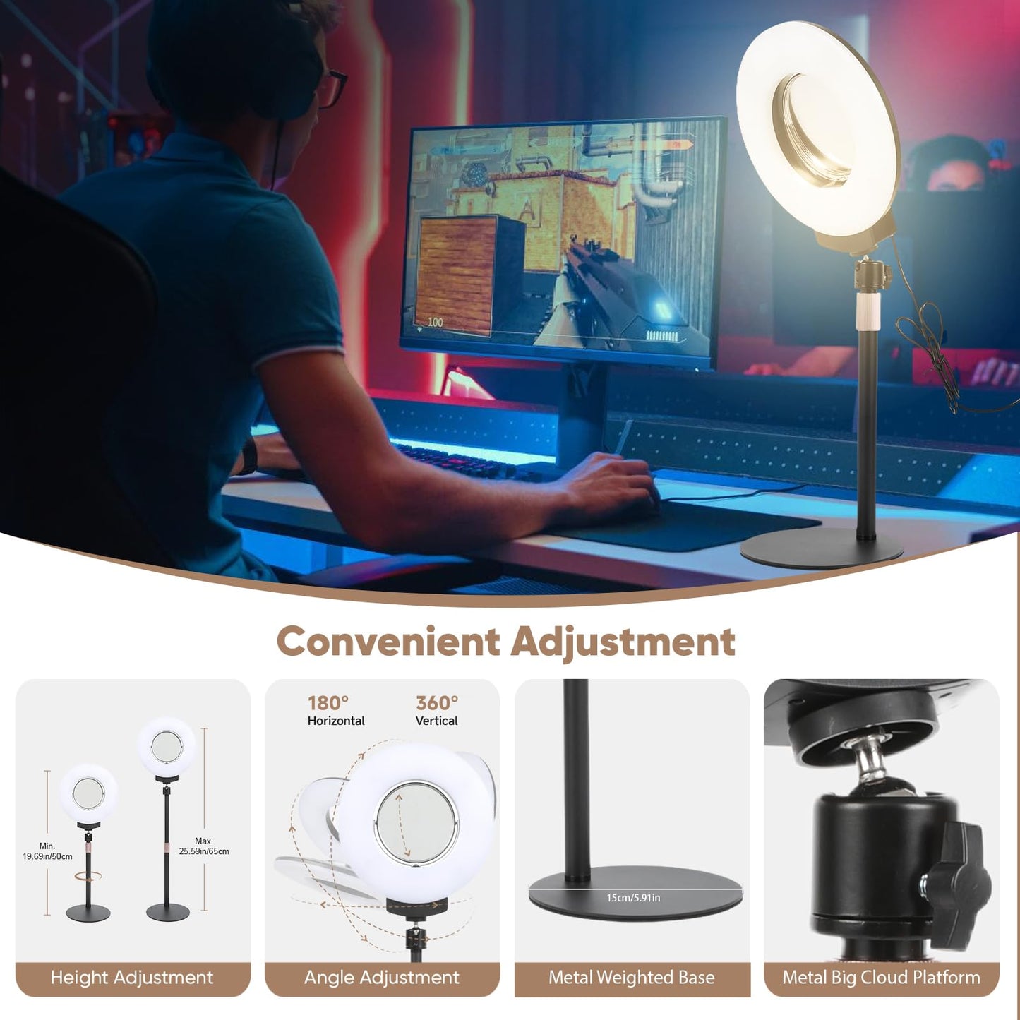 Noveralux Desk Ring Light with Mirror & Stand, 4" HD Makeup Mirror 360° Rotatable,10W Dimmable LED Desk Lamp with Phone Holder & Stand,for Live Streaming,Makeup,Video,Zoom Call,Vlogging,TikTok