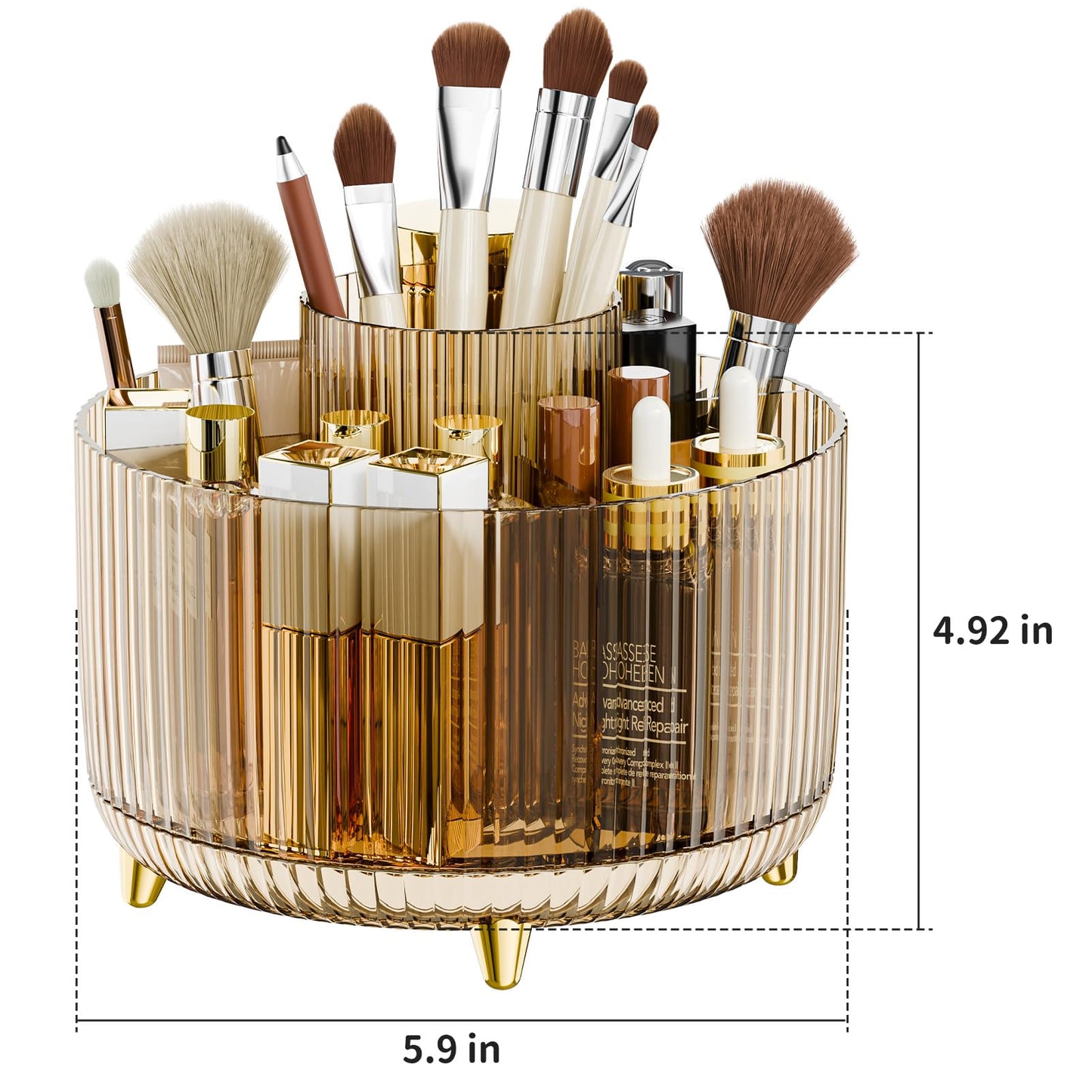 fanado 360° Rotate Makeup Brush Holder Organizer, Makeup Organizers Countertop, Makeup organization and Skincare Storage for Vanity, Desktop, Bathroom (Clear Amber)