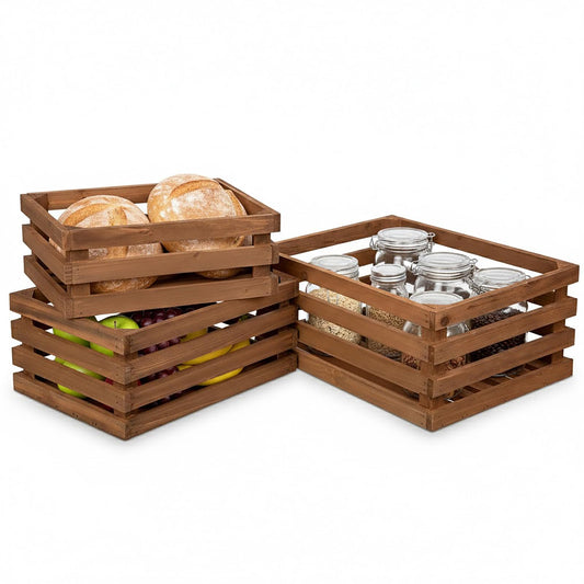 Set of 3 Nesting Wooden Storage Crates - Large Rustic Wooden Storage Crates for Display Brown Wood Container Boxes Wood Baskets for Farmhouse Flower Stand Display Rack for Shops Exhibitions Home Decor