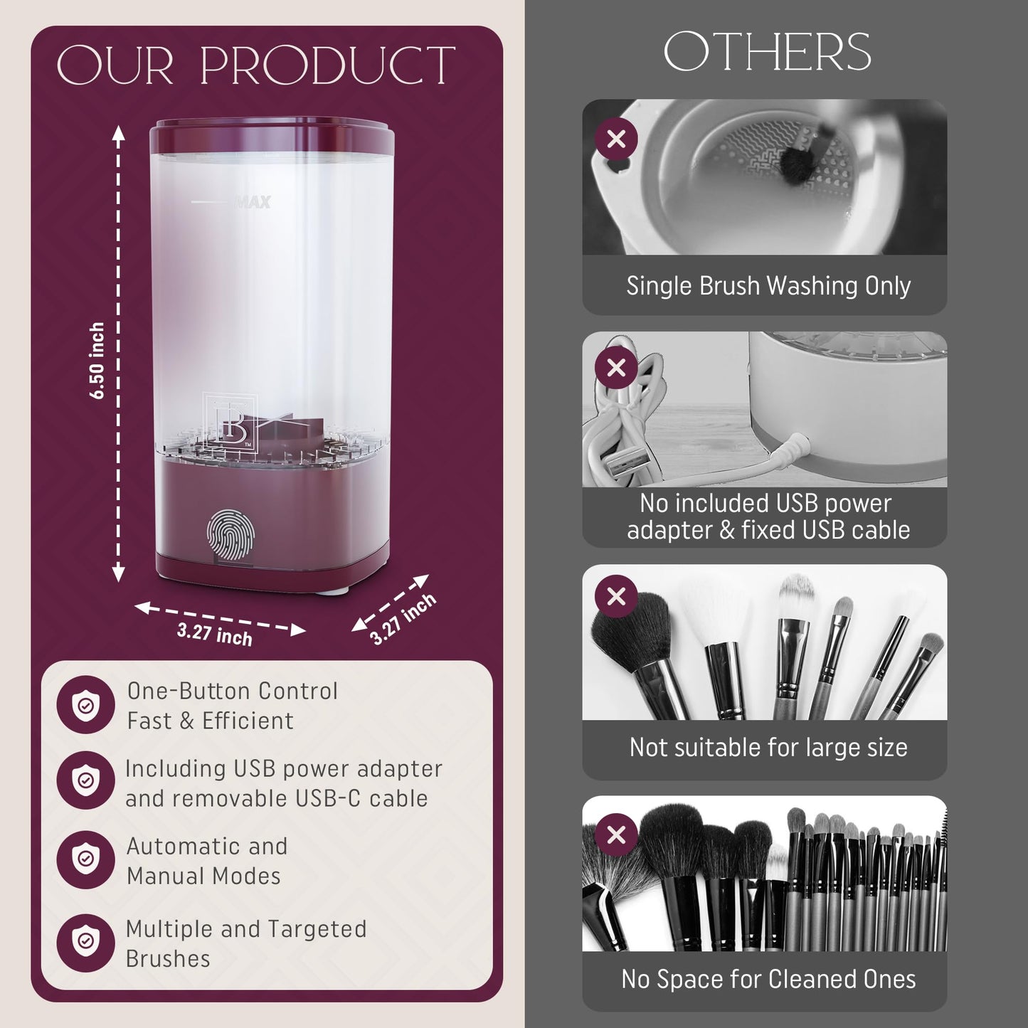 BOLD’N’TRUE BEAUTY Electric Makeup Brush Cleaner Set – Automatic USB-C Deep Cleaning Machine with Rubber Pad, Plug & Gift Bag | Portable Makeup Brush Washer, Perfect Beauty Gift for Her