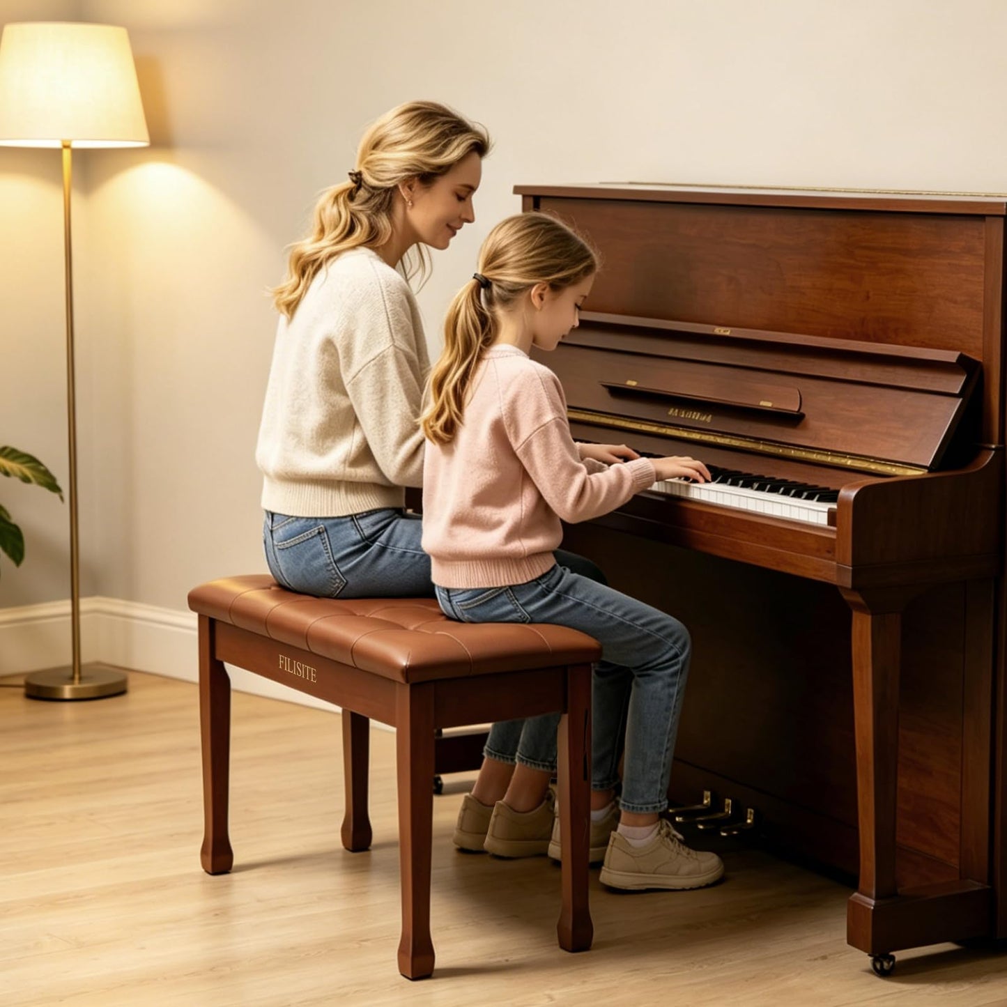 FILISITE Duet Piano Bench with Storage, Wooden Piano Stool with Waterproof Padded Cushion, Bench Seat for Vanity, Living Room, Bedroom (Light Brown)