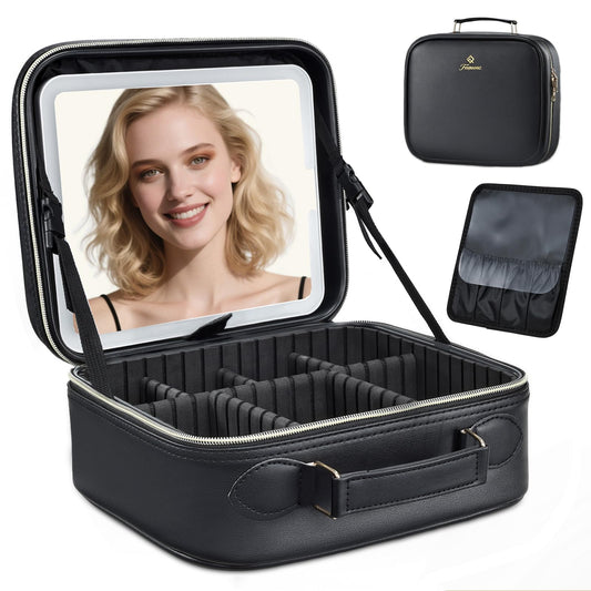 Faquenc Makeup Bag with LED Lighted Mirror 10.2-in Travel Makeup Bag Train Case Adjustable Brightness in 3 Colors Cosmetic Organizer Case Artist Storage Bag with Dividers Brush Holder Bag Vanity Black