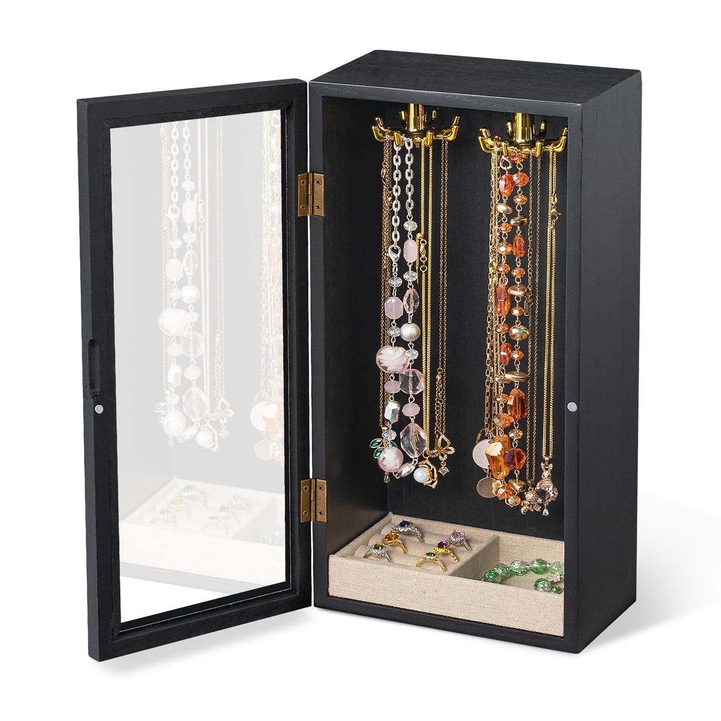 SINGLBA Necklace Holder Organizer, Wooden Jewelry Box for Women Girls, Rotatable Jewelry Organizer Case with Ring Tray Display & Storage for Necklaces Bracelets Rings Earrings, Gifts for Women Her