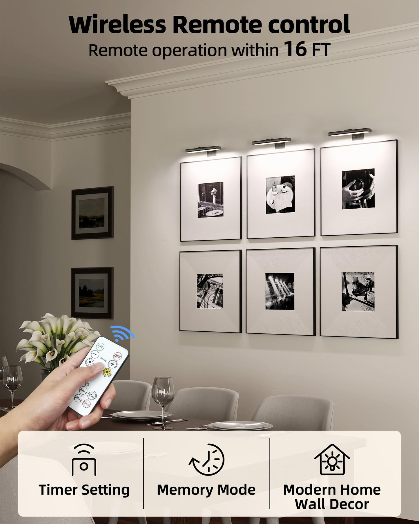 EZVALO Picture Light for Wall, Rechargeable 2400mAh Lights Wireless with IR Remote, 3 Color & Dimmable Magnetic 7.87'' LED Lights Display for Painting, Living Room, Gallery, Bedroom Art(Black-2P)