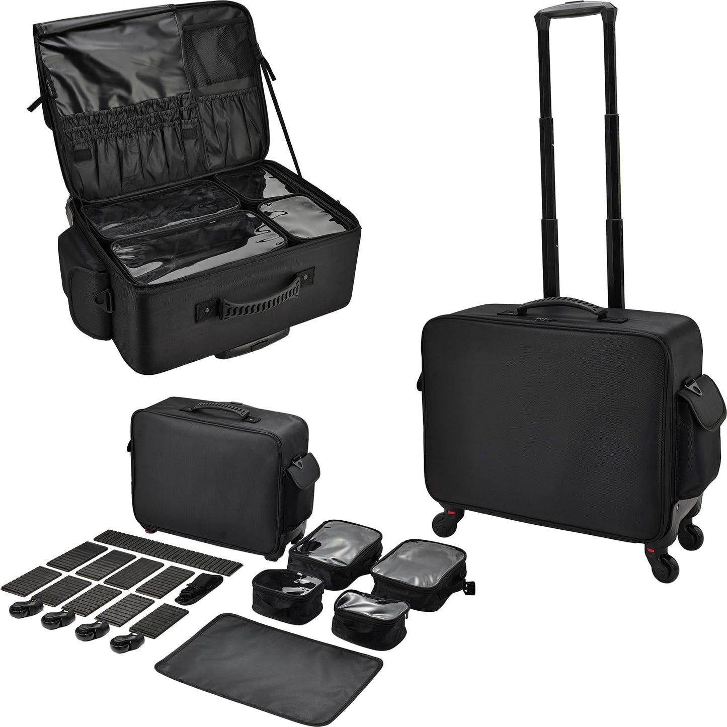 Rolling Makeup Case Cosmetology Case on Wheels Extra Large Cosmetic Artist Bag Portable TravelCase for Hairstylists Nail Tech Traveling Professional Make Up Train Suitcase Carts Trolley, Black