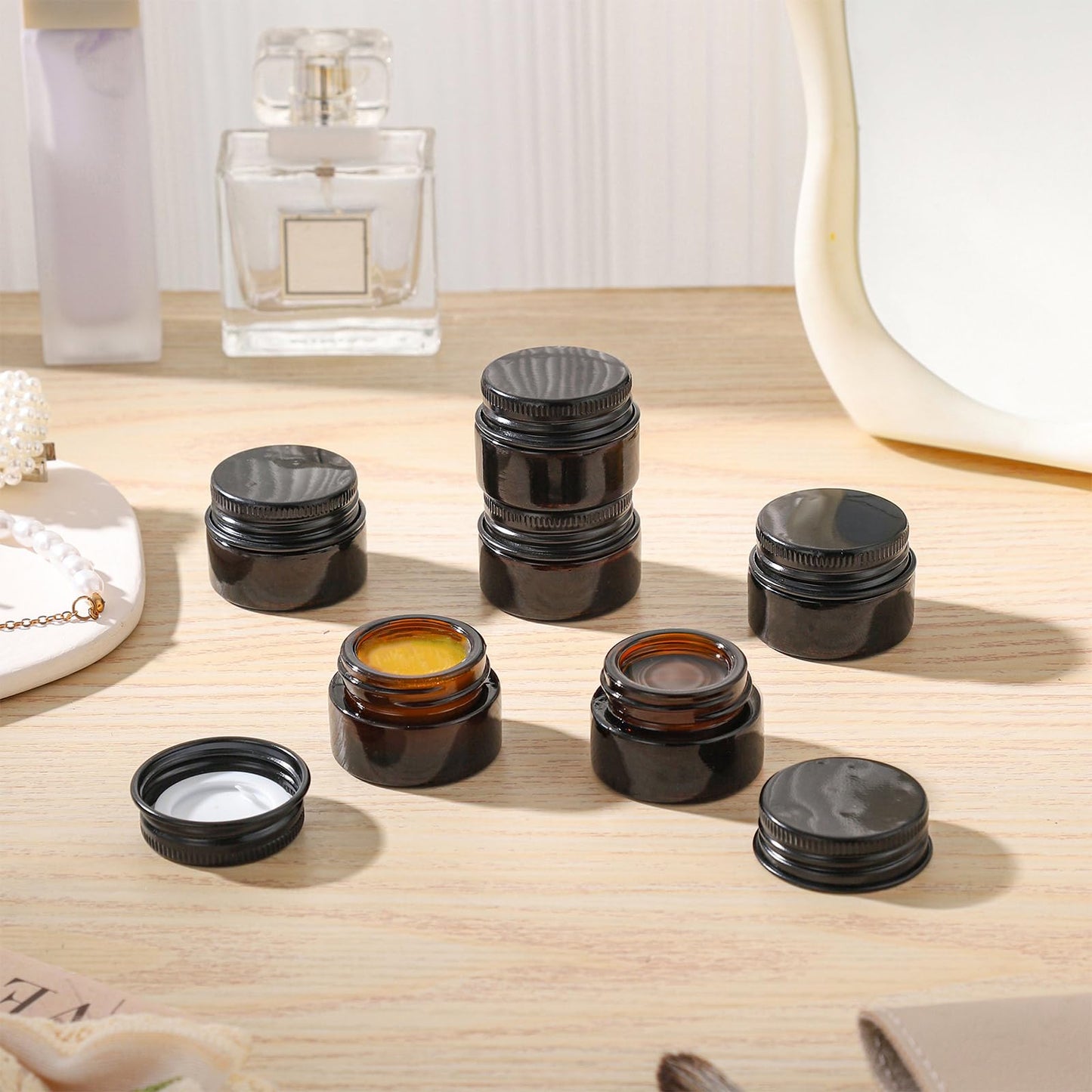 RAMFIYN 24 pack 5ml Amber Glass Cosmetic Jars with Black Metal Lids Empty Lip Balm Containers with Inner Liner Tiny Sample Jar with Label for Wax Salve Lotion