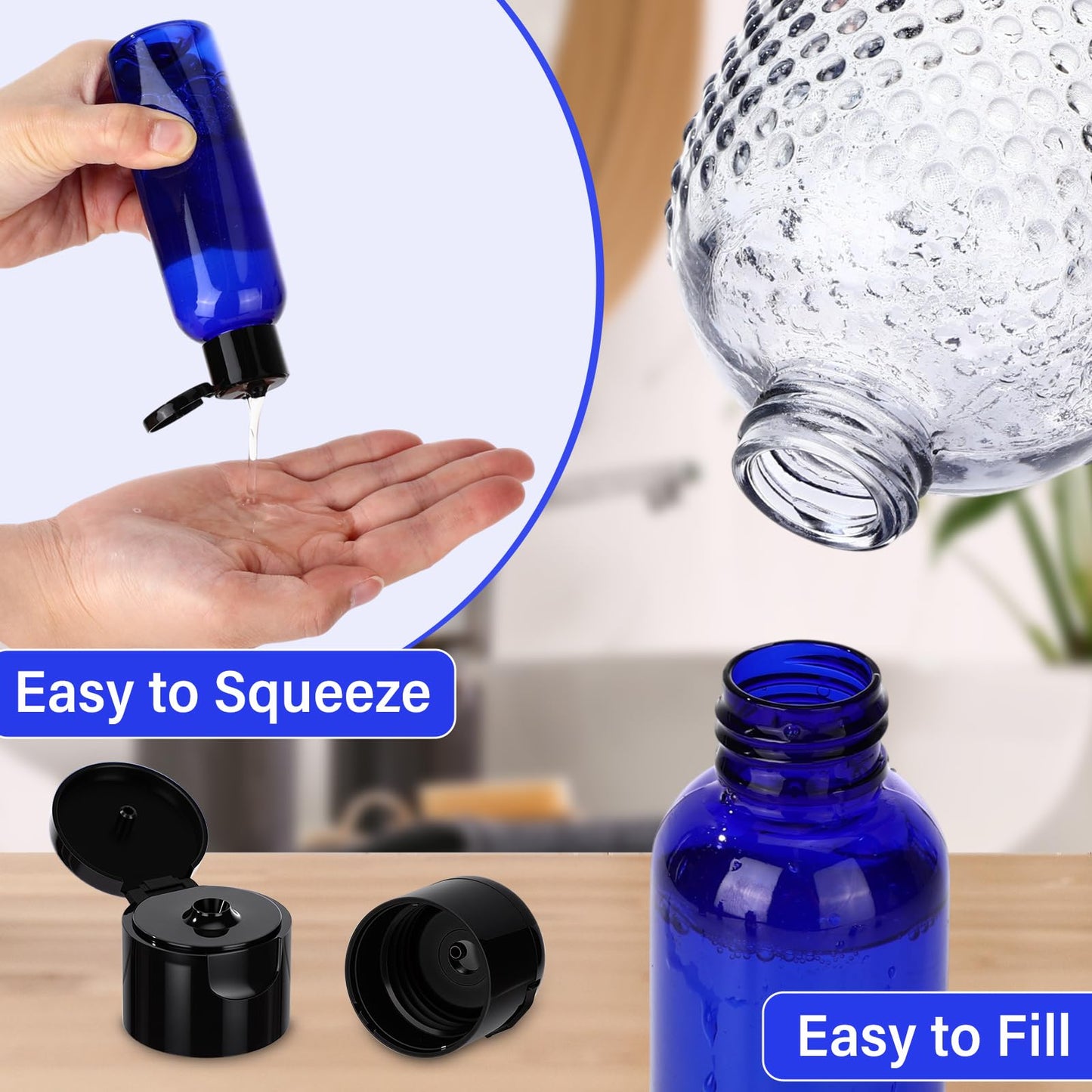 Mimorou 50 Pcs Plastic Squeeze Bottle with Cap Empty Amber Refillable Container Small Travel Toiletry Bottle for Lotion Shampoo Oil Body Soap Creams (Flip-top Lid,4oz,Blue/black)