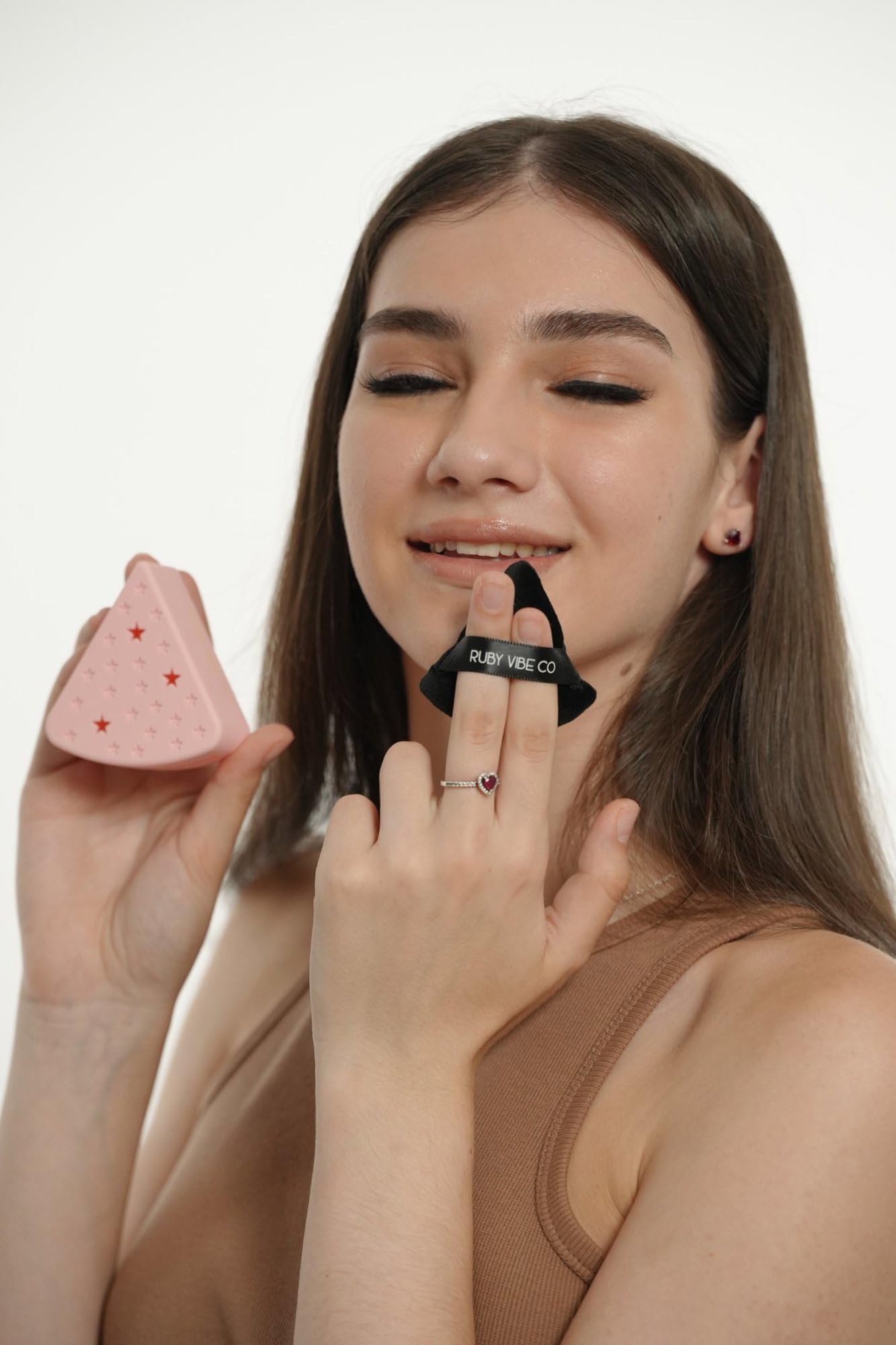 RubyVelvet Powder Puff with Silicone Case, Ultra-Soft Crystal Velvet, Black Puff with Brown Case, Latex-Free, for Loose or Pressed Powder Application | RUBY VIBE CO