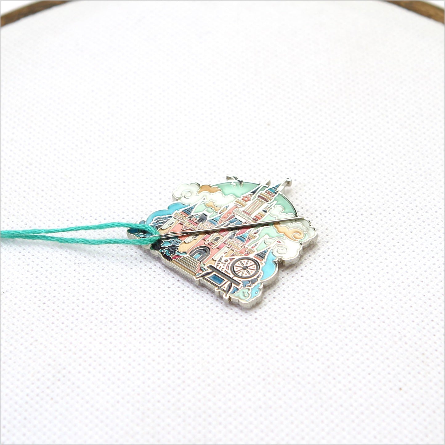 Awesome Pattern Studio Sleeping Beauty Castle Magnetic Needle Minder + 2 Needle Threaders + Crane Scissors. Enamel Pin for Cross Stitch, Embroidery and Craft