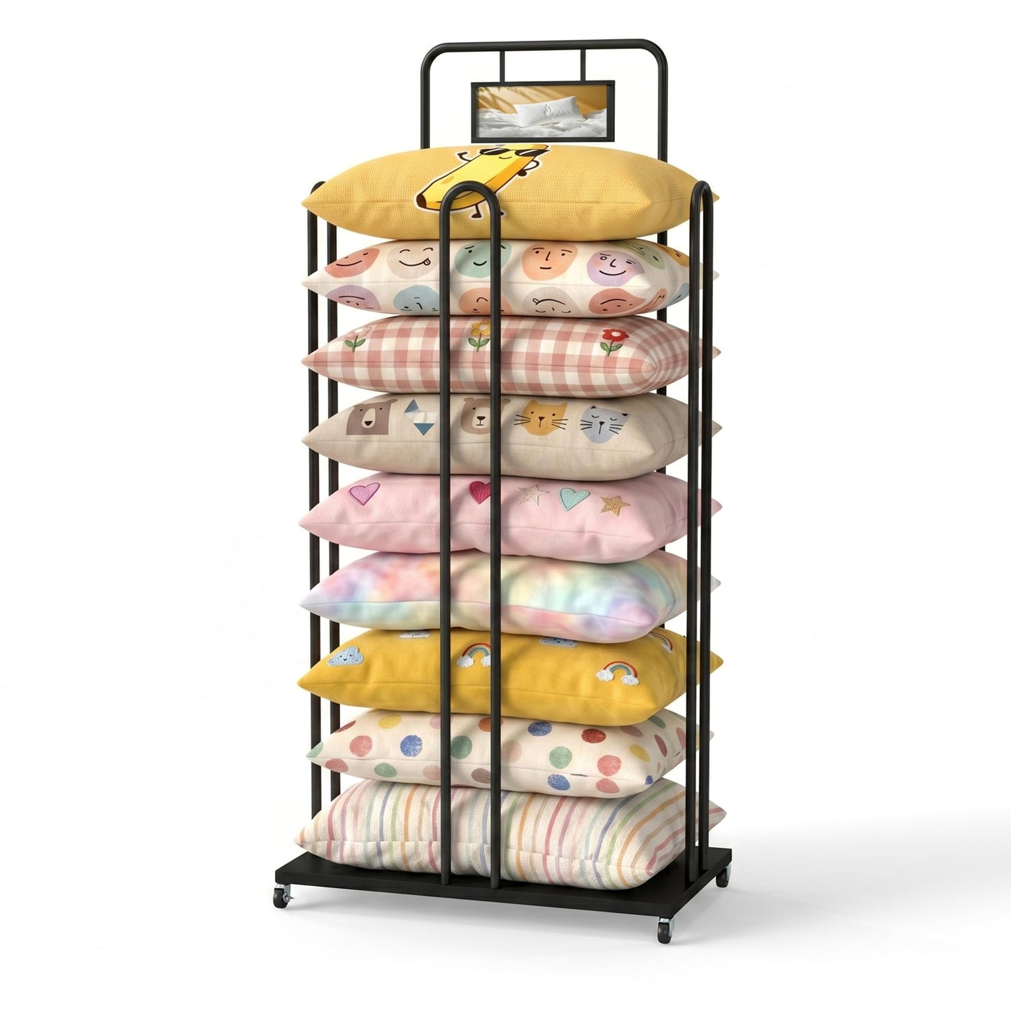 Rolling Pillow Storage Rack, Pillow Display Stand with Sign Holder, Metal Pillow Holder, Commercial Throw Pillow Rack, Cushion and Pillow Tower Storage Stand for Home, Retail, Malls, Hotels, Schools