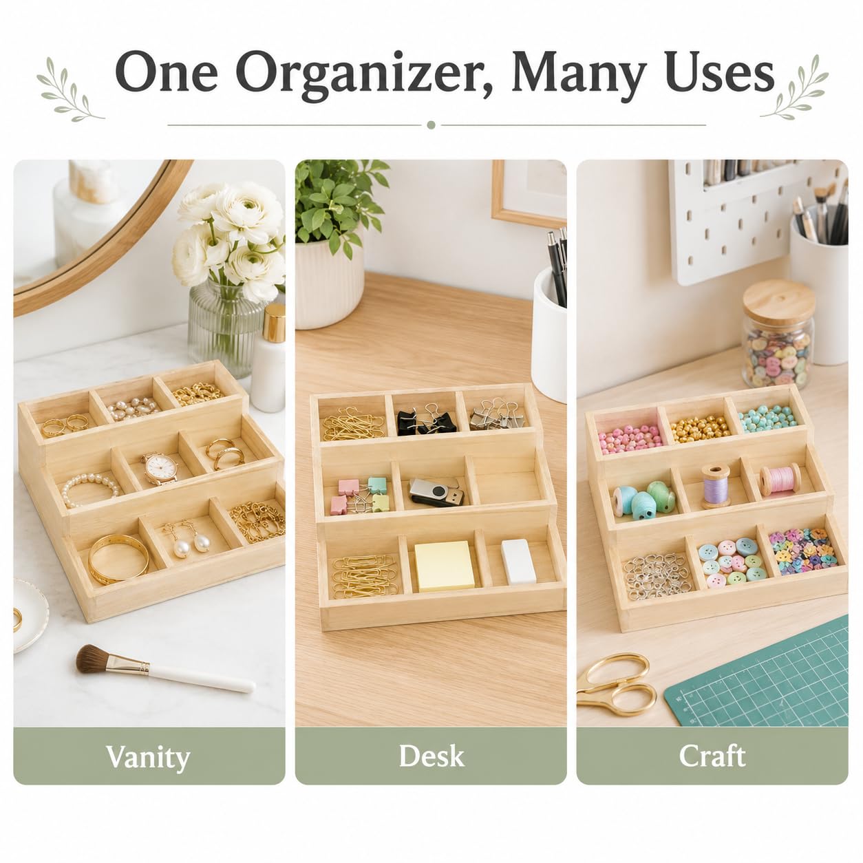 Zerodeko Multi-Layer Wooden Jewelry Storage Box with 9 Compartments Compact Jewelry Organizer for Earrings Necklaces Ideal for Vanity Office and Bedroom