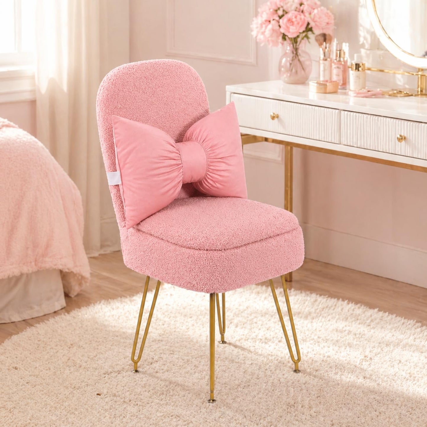 Novabright Small Vanity Stool Chair with Storage and Back Faux Fur Soft Ottoman Pink Bow Makeup Vanity Chair 13" x 14" x 30" Cute Small 4 Metal Leg for Makeup Bedroom Living Room Dressing Room
