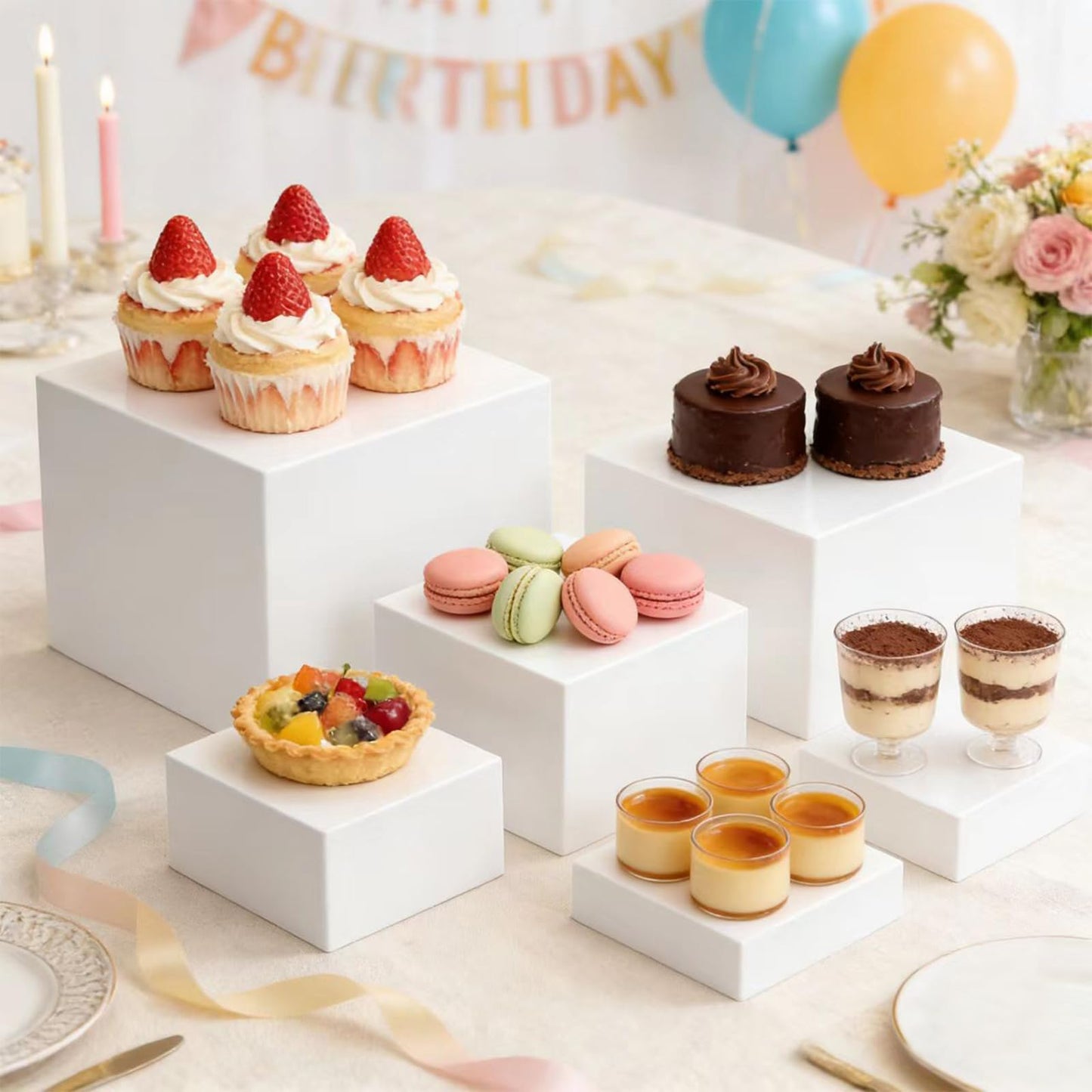 HAIJSEVR 6Pcs Buffet Risers and Display Stands, White Acrylic Dessert Table Display Set for Party, Collectibles Jewelry Catering Cube Boxes with Hollow Bottom (8",7",6",5",4",3")