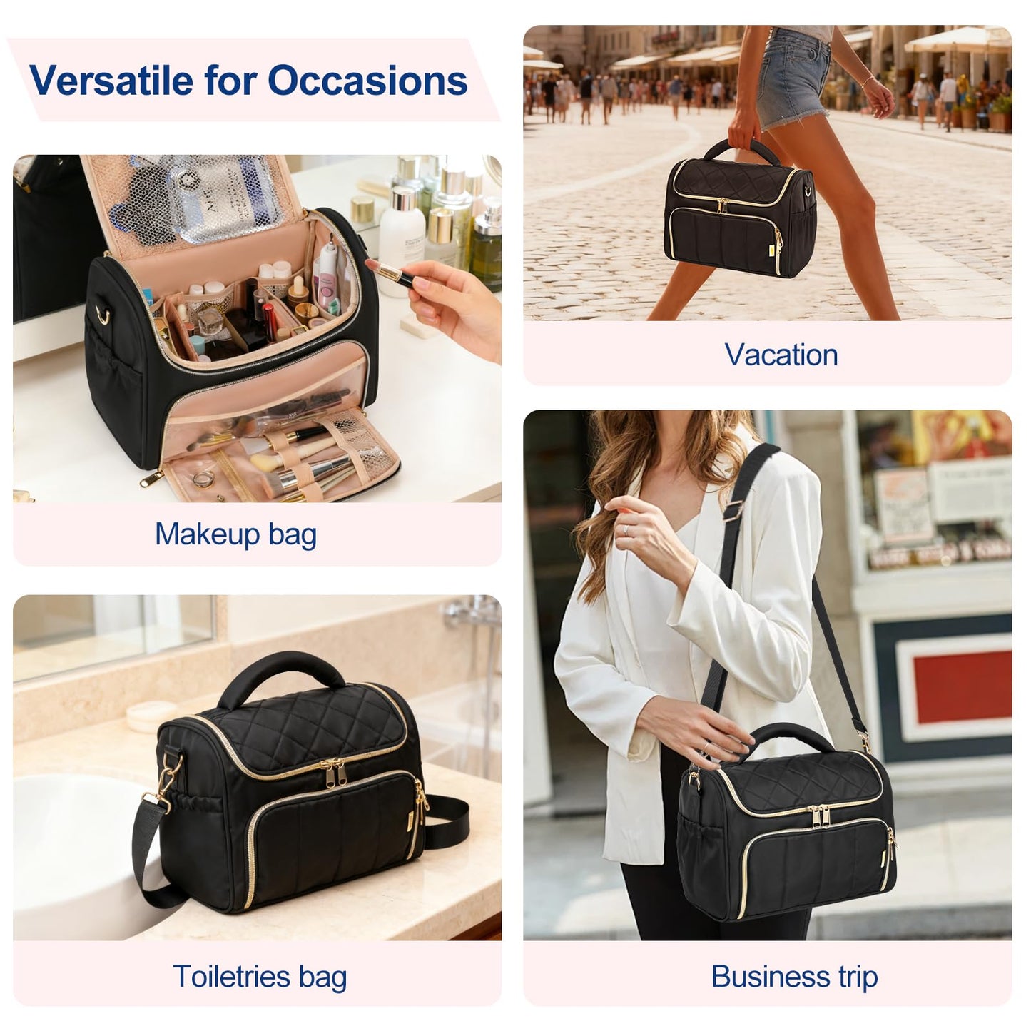 GR69N Travel Toiletry Bag Large Cosmetic Makeup Bag Organizer for Women,Wide-open Make Up Bag Waterproof Makeup Case Travel Bag with Handle and Dividers for Toiletries,Essentials,Accessories,Black