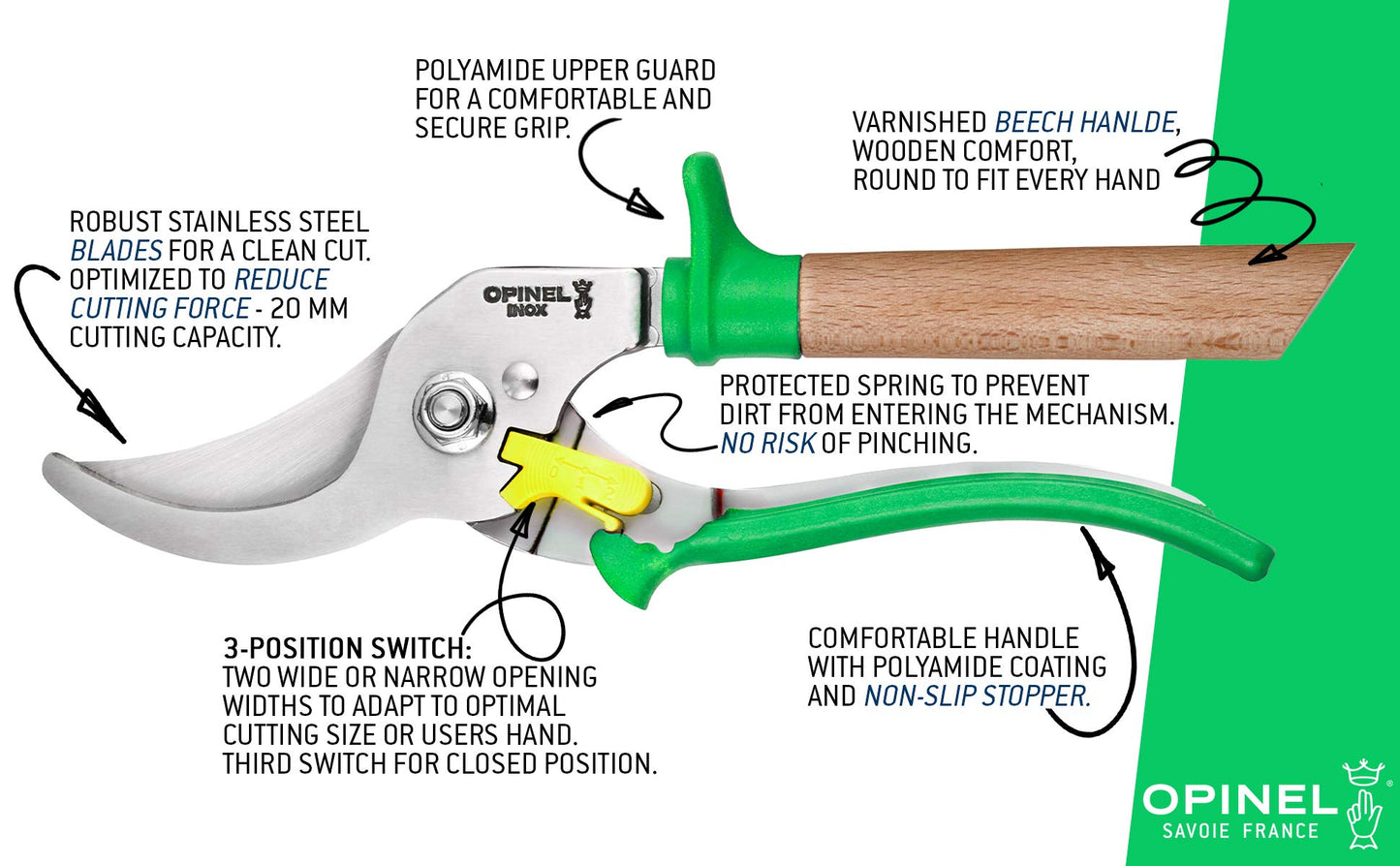 Opinel Hand Pruning Shears with non-slip beech wood handle perfect for bypass trimmers, garden, hedge, lawn clippers or hand scissors with stainless steel blade (Green)