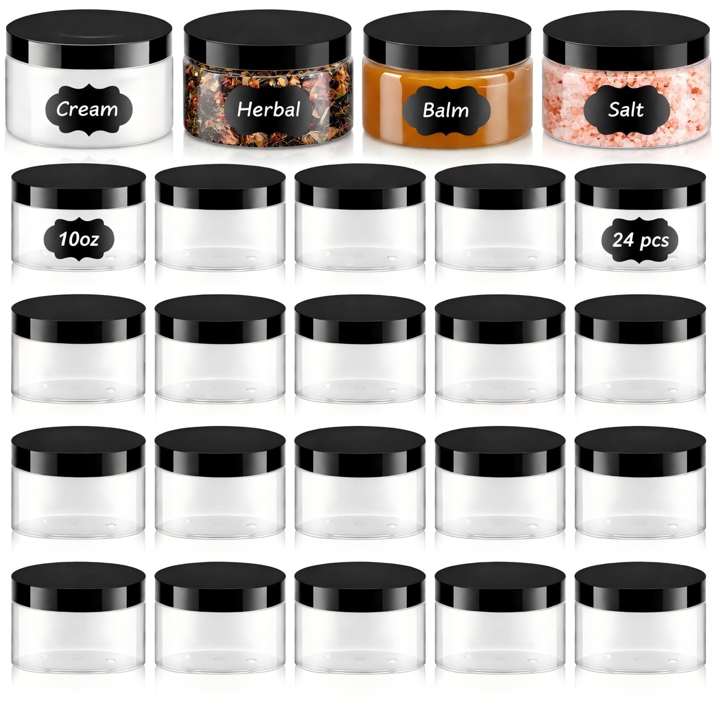 Dandat 24 Pcs 6/8/10/12oz Plastic Clear Jar Container with Black Lid and Label Refillable Empty Round PET Cosmetic Sample Slime Jar for Lotion, Cream, Body Butter, Travel Storage(10oz, Black Lid)