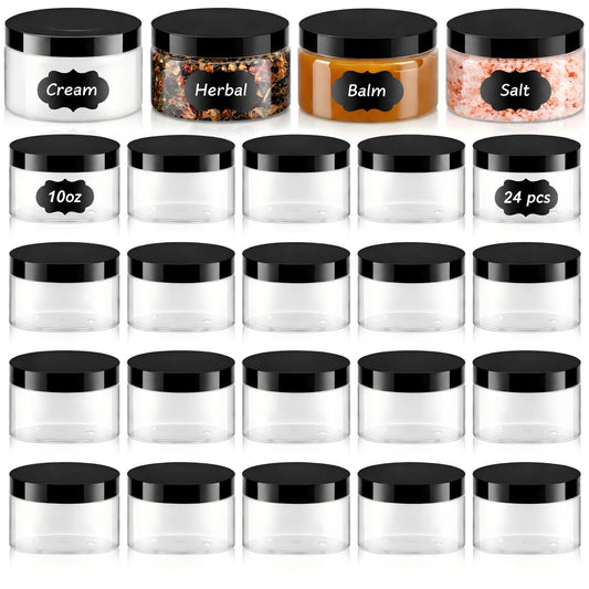 Dandat 24 Pcs 6/8/10/12oz Plastic Clear Jar Container with Black Lid and Label Refillable Empty Round PET Cosmetic Sample Slime Jar for Lotion, Cream, Body Butter, Travel Storage(10oz, Black Lid)