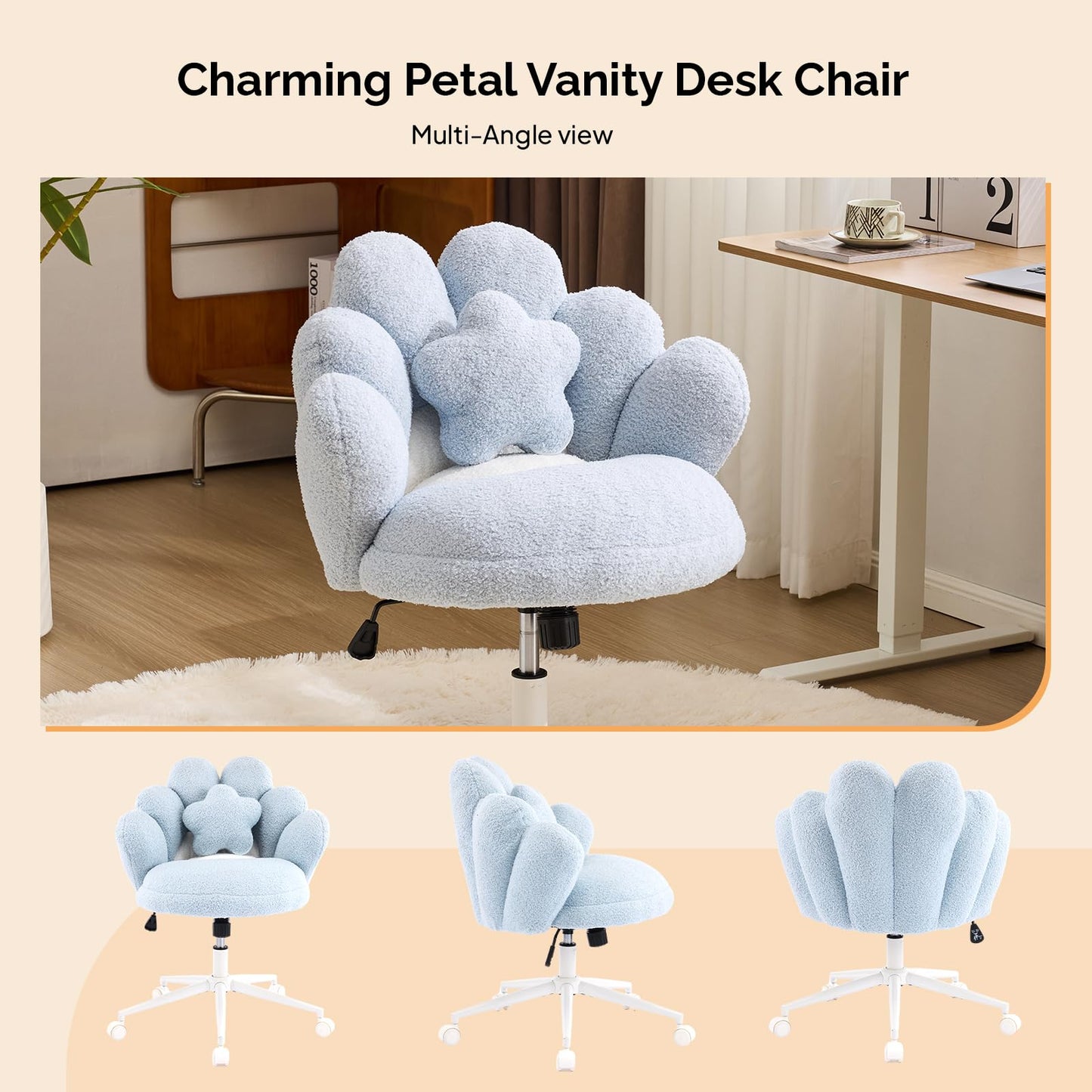 VINGLI Lovely Petal Vanity Desk Chair with Star Pillow, Height Adjustable Armless Swivel Chair in Vibrant Color-Blocking, Modern Computer Task Chair for Bedroom & Home Office, Teddy Fleece,Blue