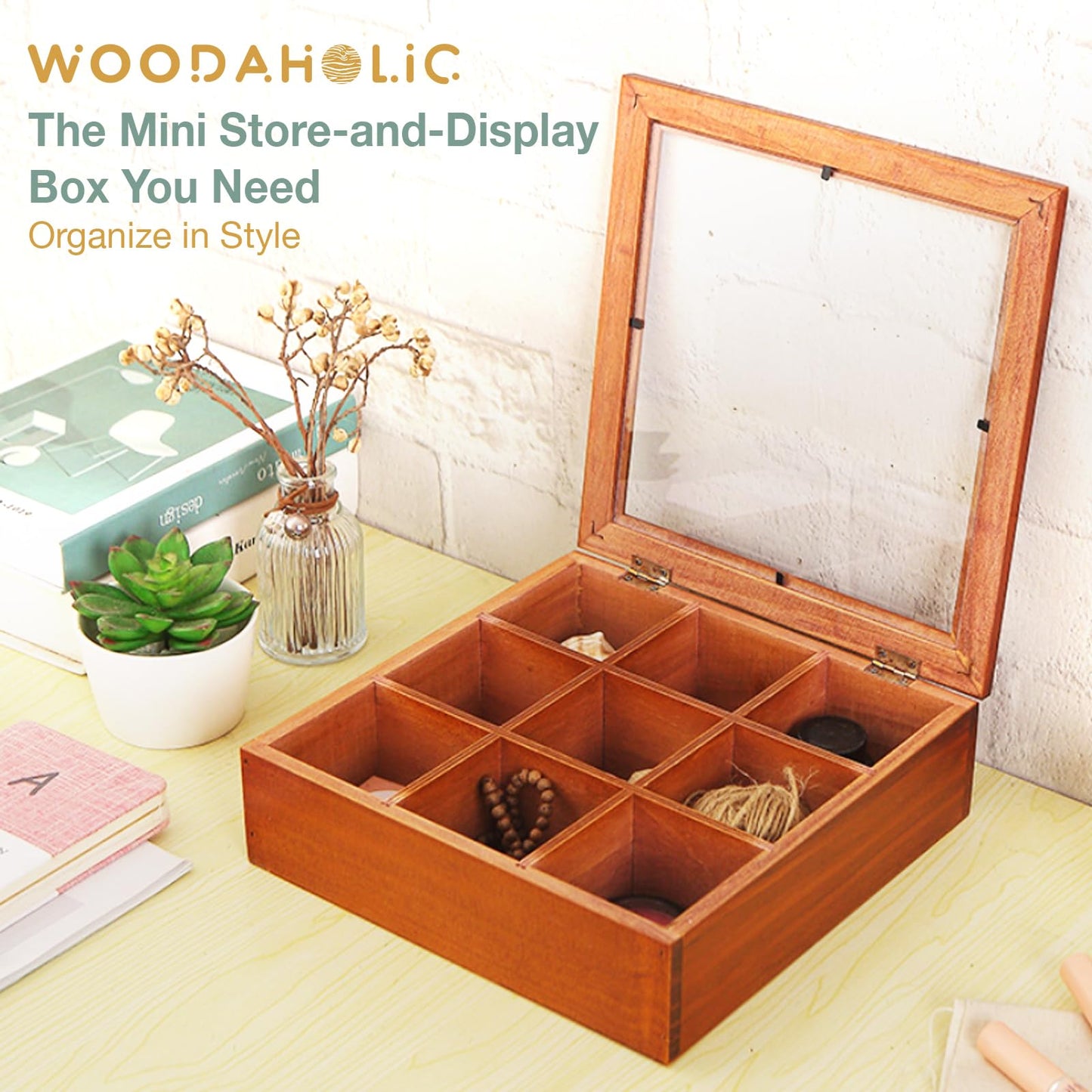 9-Slot Mini Wooden Storage Box w Clear Acrylic Collectibles Display Case - Square Wood Organizer Box with Dividers - Storage & Organizer Case for Tea, Essential Oils, Spices & More
