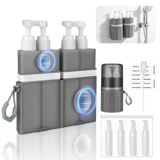 Kkluno 4 in 1 Travel Dispenser Bottles, TSA Approved Leak Proof Refillable Toiletry Containers with Vacuum Suction Cup for Smooth Walls, Portable Empty Bottle Set for Shampoo Conditioner Body Wash
