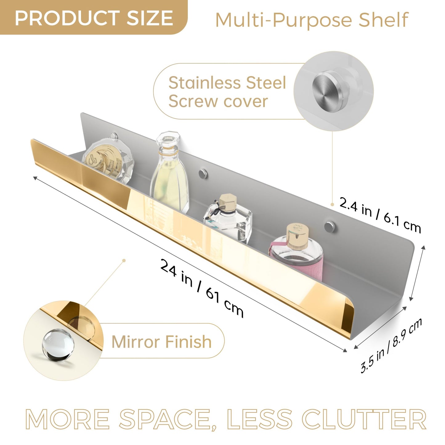 RORKIM 2 Pack 24 Inch Gold Reflective Acrylic Shelves, Gold Foating Shelves, Modern Sunglasses Essential Oil Picture Ledge Display Toy Storage Shelf