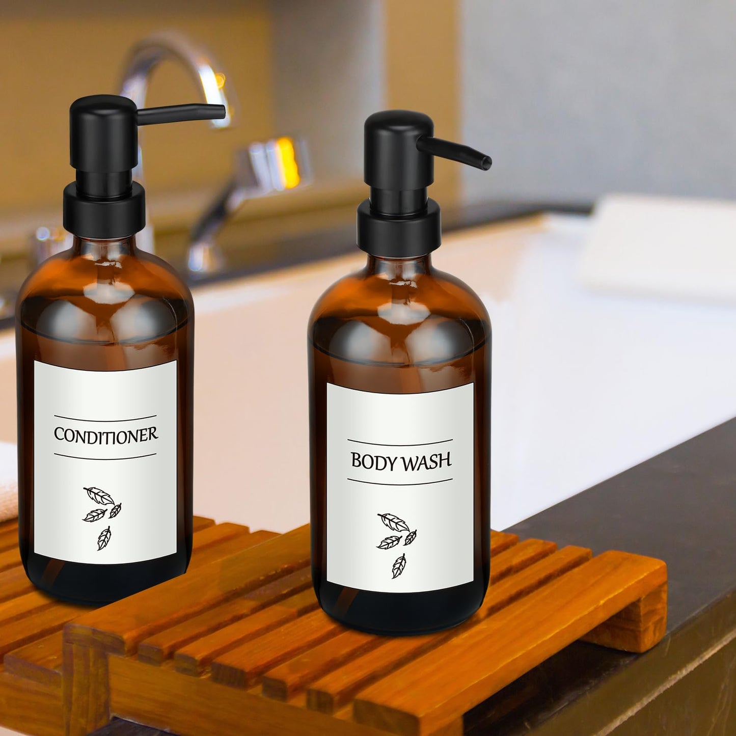 Maxcheck 6 Pack 16 oz Amber Glass Soap Dispenser Bathroom Hand Soap Dispenser with Pump with 16 Pcs Waterproof Labels Funnel Dish Liquid Bottle for Kitchen Bathroom(Plastic)