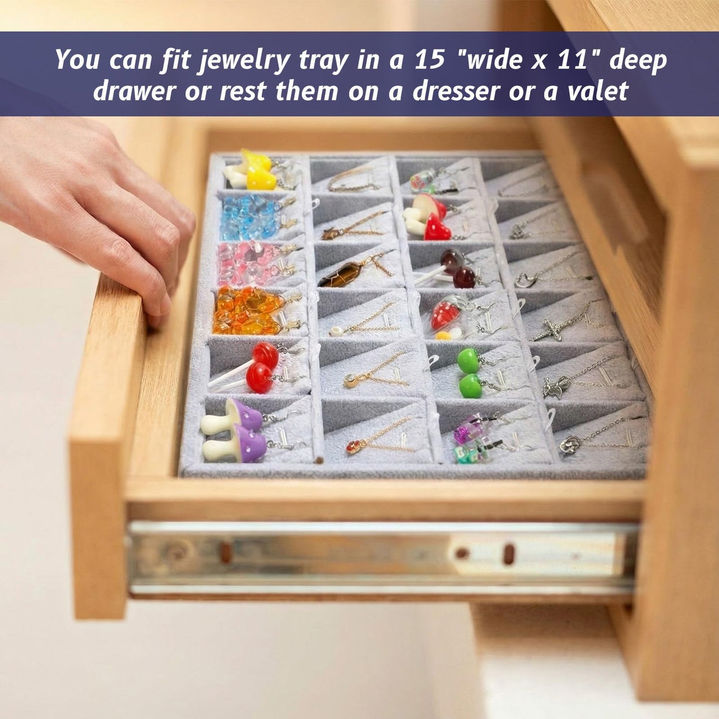 Hinly 2 Pcs 24 Grid Stackable Jewelry Organizer Tray with Removable Dividers Ice Velvet Jewelry Display Showcase Tray for Necklace Earring Ring Bracelet Holder (Gray Velvet)