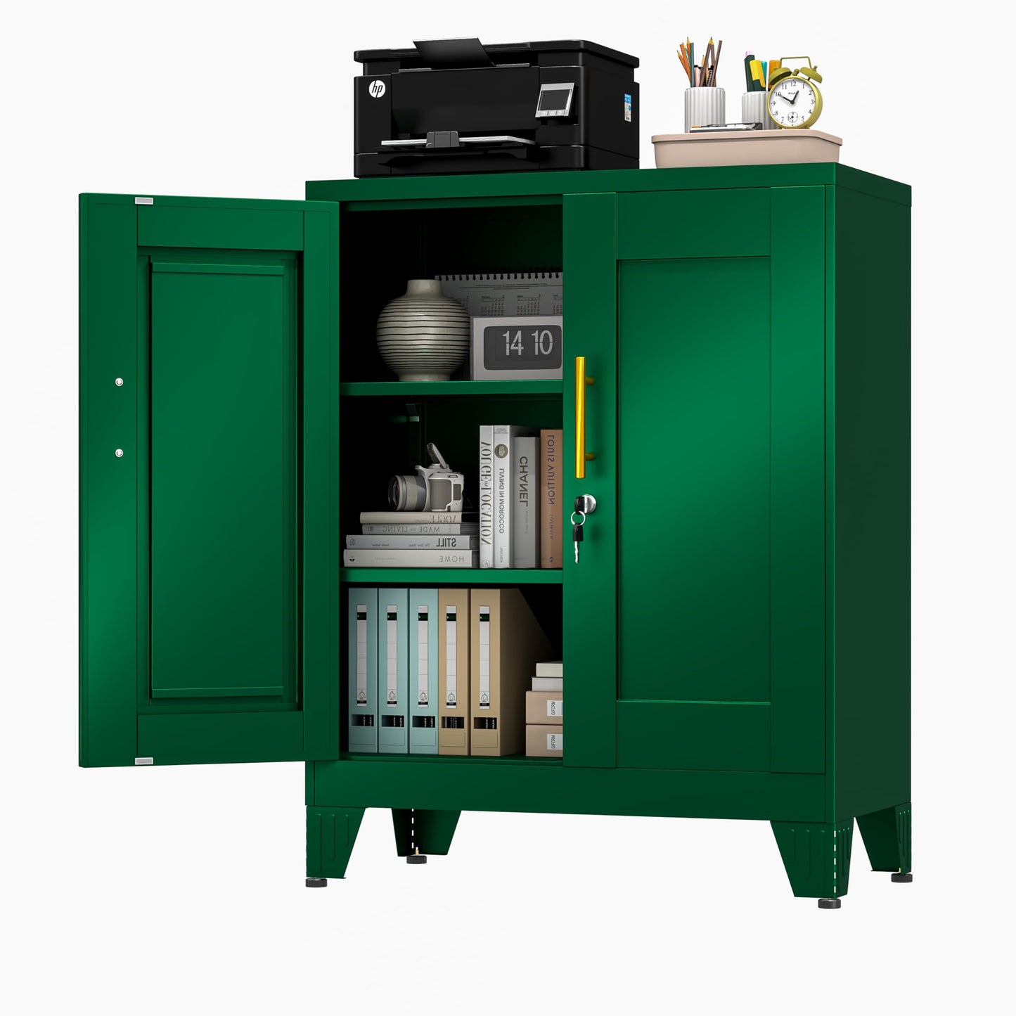 RISTERN Green Metal Storage Cabinet, 36" Tall Locking Storage Cabinet with 2 Adjustable Shelves, Steel Locker Organizer, for Office, Home, School