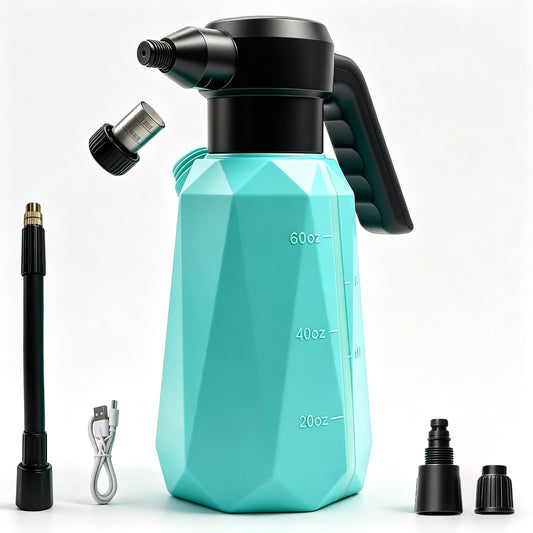 SYITCUN Battery Powered Sprayer, 1/2 Gallon Electric Spray Bottle with 2200mAh Battery 3H Runtime, 3 Speeds 2 Nozzles, Flexible Rubber Wand, Transparent Tank with Measuring Cup Cap, Blue