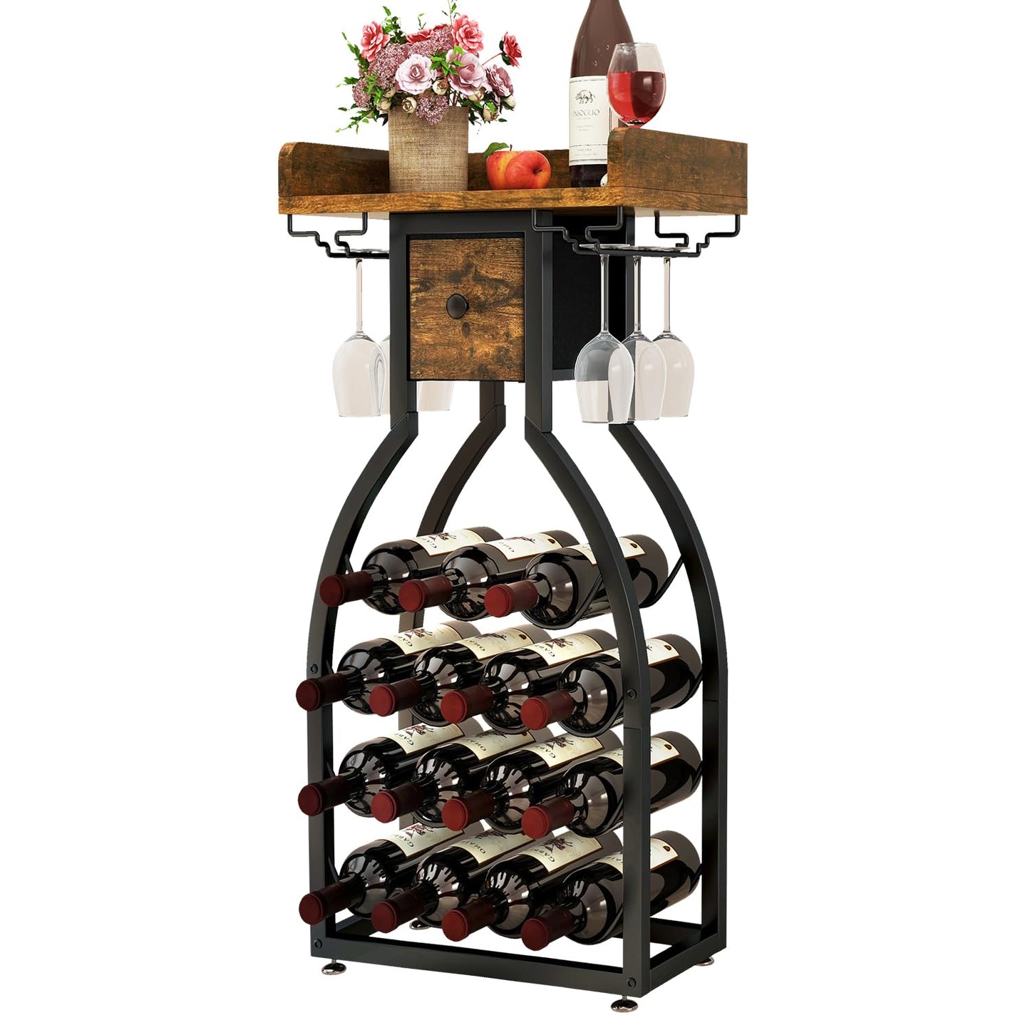 IBUYKE Wine Rack Freestanding Floor,Wine Storage 15 Bottles Bottle Rack with Glass Holders, Mini Bar Wine Cabinet with Storage Drawer for Home Bar Kitchen Dining Room,Rustic Brown,UTMJ908H