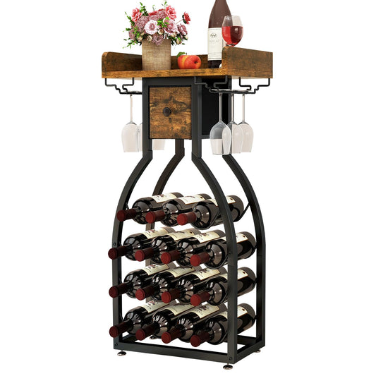 IBUYKE Wine Rack Freestanding Floor,Wine Storage 15 Bottles Bottle Rack with Glass Holders, Mini Bar Wine Cabinet with Storage Drawer for Home Bar Kitchen Dining Room,Rustic Brown,UTMJ908H