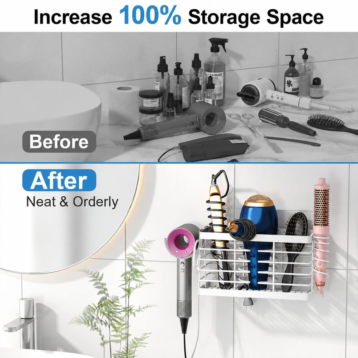 Sevenblue Hair Tool Organizer, 2026 Upgraded 3-in-1 Universal Hair Dryer Holder, Adjustable Height Metal Blow Dryer Holder Wall Mounted/Over Cabinet Door, Bathroom Organizer and Storage(White)