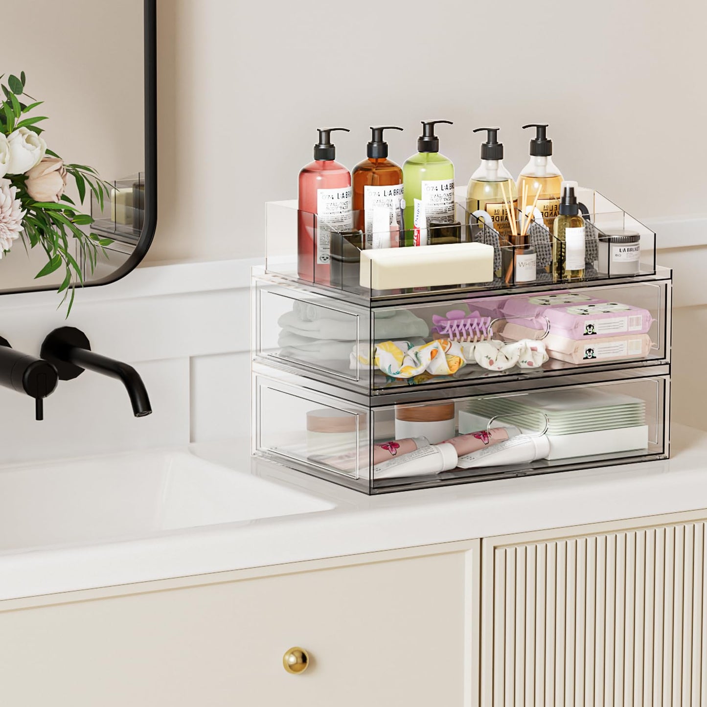 Clear Stackable Makeup Organizer with Drawer, 12''W Acrylic Storage Drawers, Cosmetic Display Case for Vanity Bathroom Countertop, Beauty Holder for Lipstick Brush Skincare Perfume
