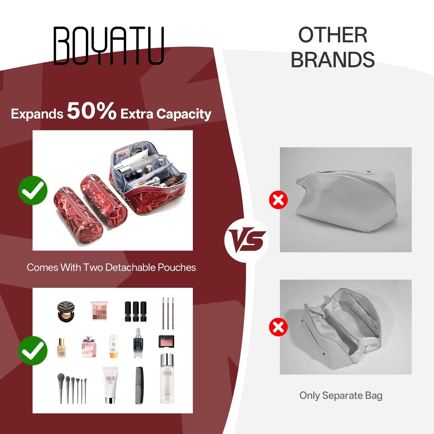 BOYATU Travel Makeup Bag for Women: Y2K Aesthetic Personalized Glossy 3 Pcs Set Cosmetic Organizer Bag - Trendy Statement Toiletry Pouches for Forward Women - Stand Out at Festivals & Trips(D-4-Red)