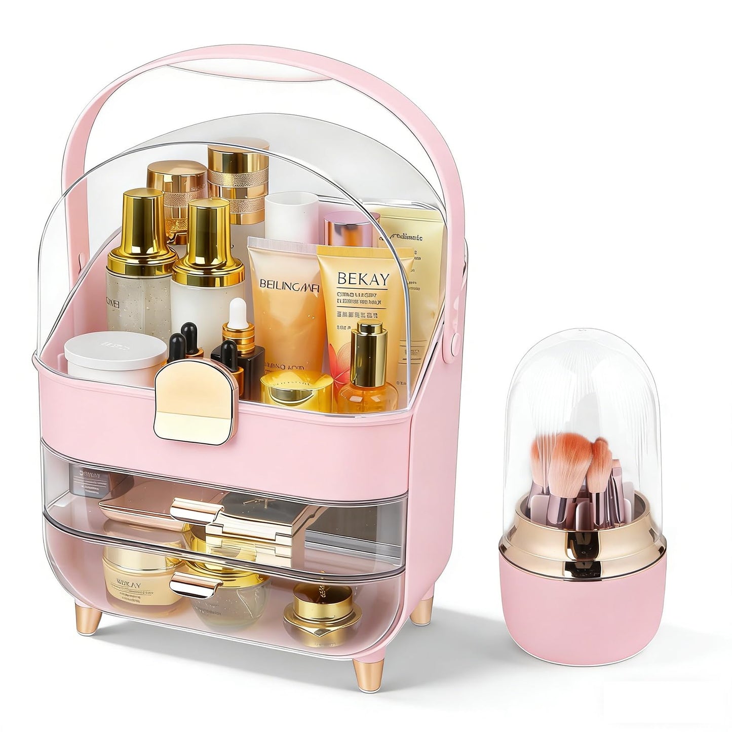 Makeup Organizer with 360 Rotating Brush Holder, Large Skincare Organizer for Vanity, Dustproof Cosmetic Display Case with 2 Drawers for Bathroom Countertop, 16" Tall Portable Beauty Storage,pink