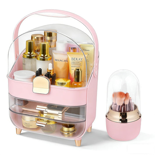 Makeup Organizer with 360 Rotating Brush Holder, Large Skincare Organizer for Vanity, Dustproof Cosmetic Display Case with 2 Drawers for Bathroom Countertop, 16" Tall Portable Beauty Storage,pink