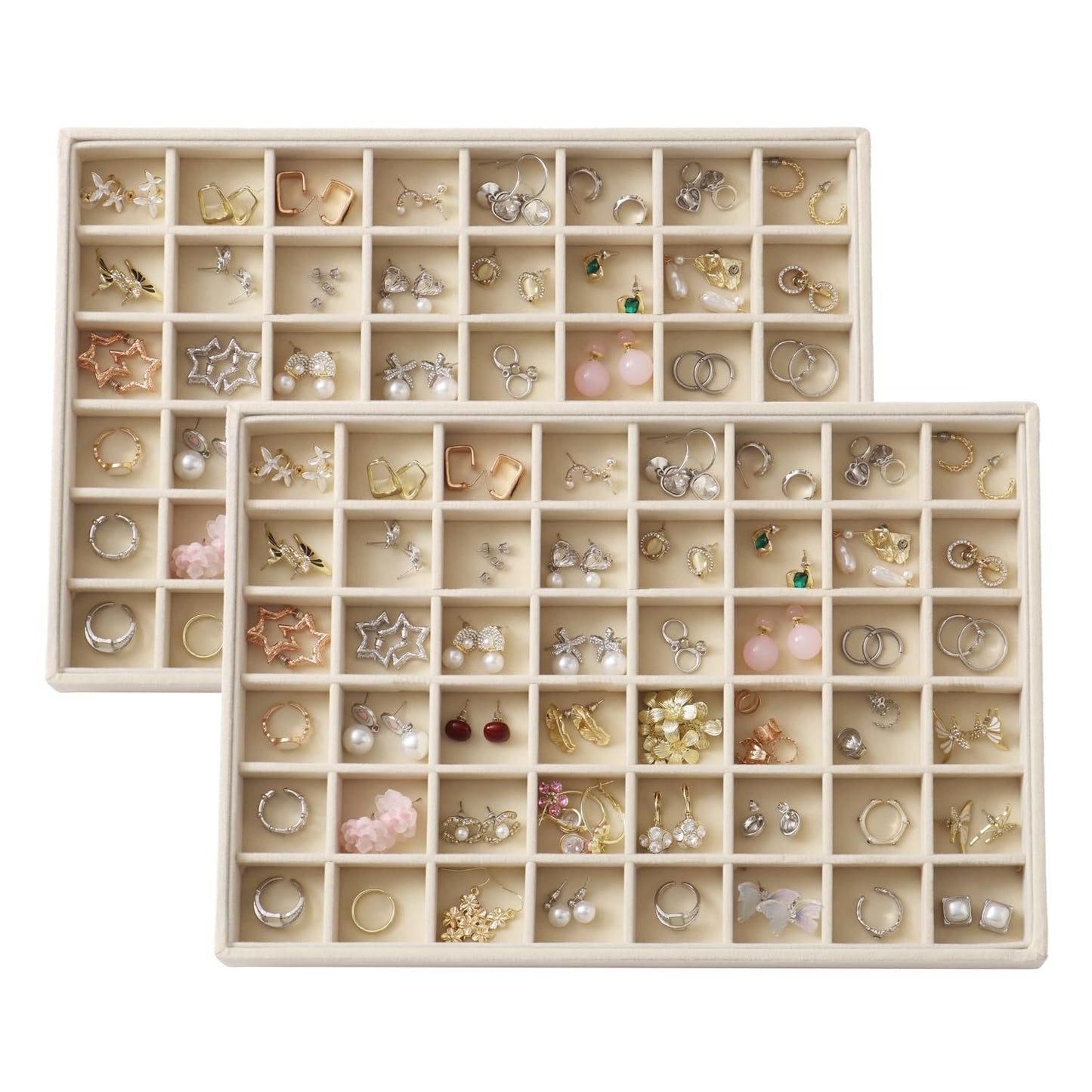 KATISYIO Large Velvet Jewelry Tray 2 Pack Stackable Jewelry Display Drawer Inserts Trays Organizer for Earring Bracelet Necklace Ring (Beige, 48 Grids)