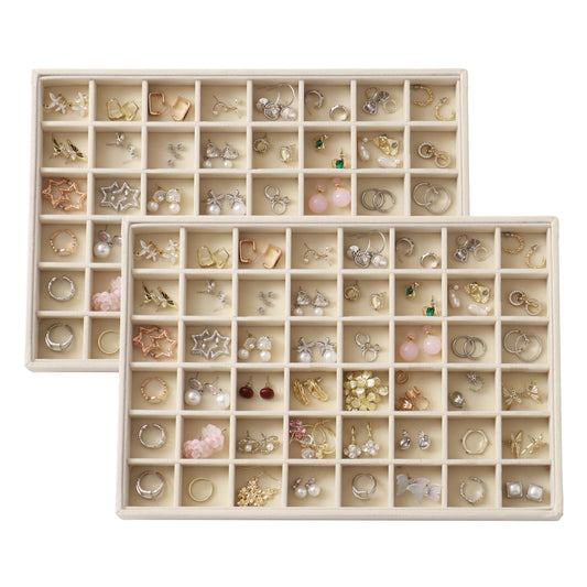 KATISYIO Large Velvet Jewelry Tray 2 Pack Stackable Jewelry Display Drawer Inserts Trays Organizer for Earring Bracelet Necklace Ring (Beige, 48 Grids)