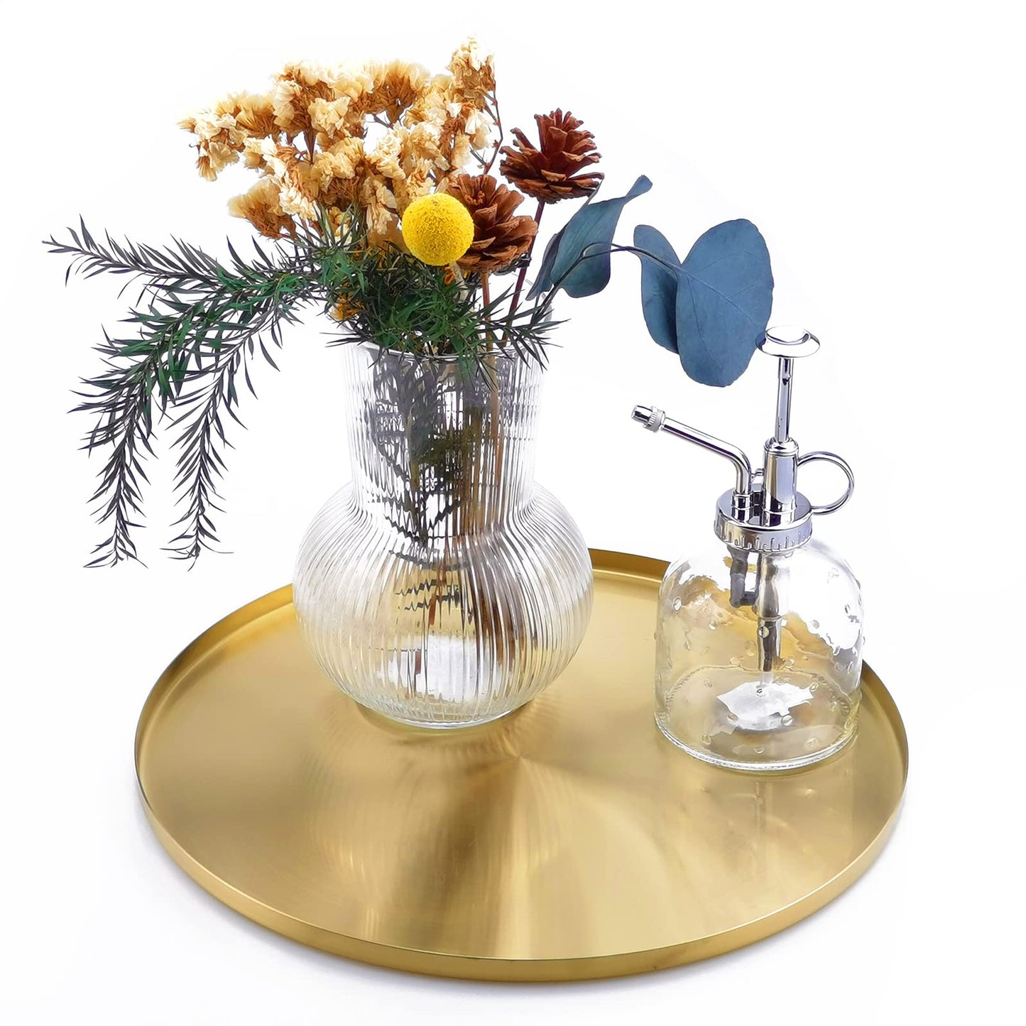 FREELOVE 12 Inch Brushed Gold Round Tray, Stainless Steel Brass Decorative Tray for Coffee Table, Vanity, Bathroom Counter, Dresser, Candles, Perfume, Jewelry and Bar Cart Décor