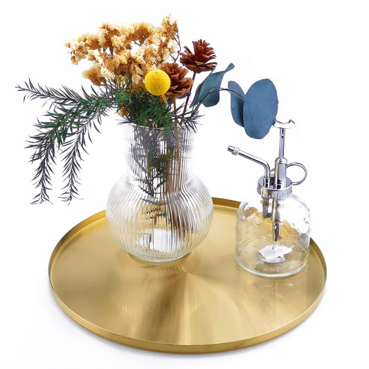FREELOVE 12 Inch Brushed Gold Round Tray, Stainless Steel Brass Decorative Tray for Coffee Table, Vanity, Bathroom Counter, Dresser, Candles, Perfume, Jewelry and Bar Cart Décor