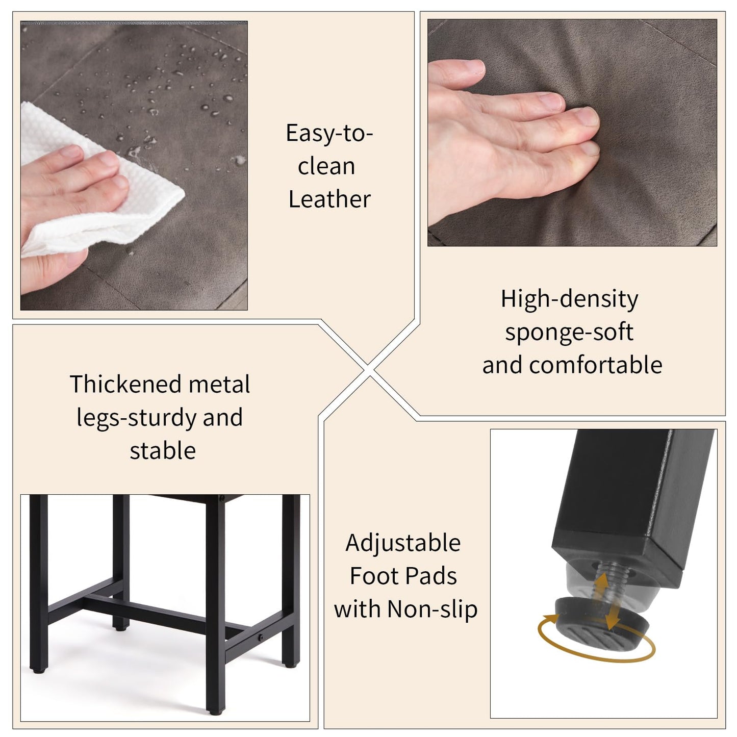 Saddle Seat Vanity Stool, Makeup Stool Chair with Metal Leg, U-Shaped Leather Ottoman Foot Rest Stool, Small Square Chairs Under Desk for Vanity, Living Room, Bedroom, Modern Makeup Bench Grey&Black