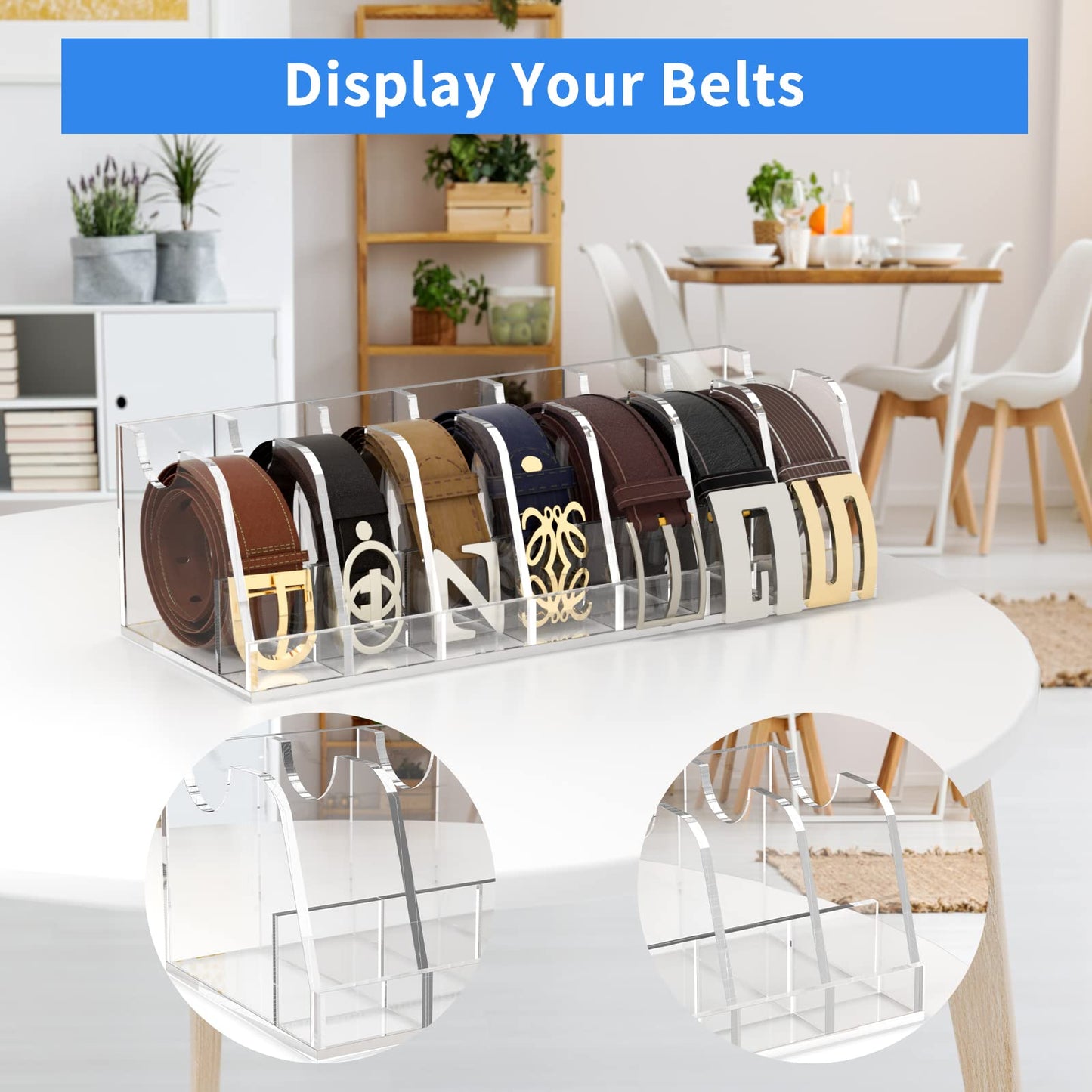 FEMELI Belt Organizer Acrylic Clear Case Storage Holder for Closet and Drawer, 7 Compartments Tie Box Container with Display Stand