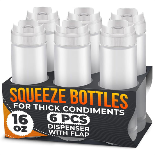 6 Pcs Condiment Squeeze Bottles 16 Oz - 9.2x2.44" Clear Bottles With Self-Closing Valve, Flexible, Easy to Clean and Fill - Dispenser for Sauces and Dressings