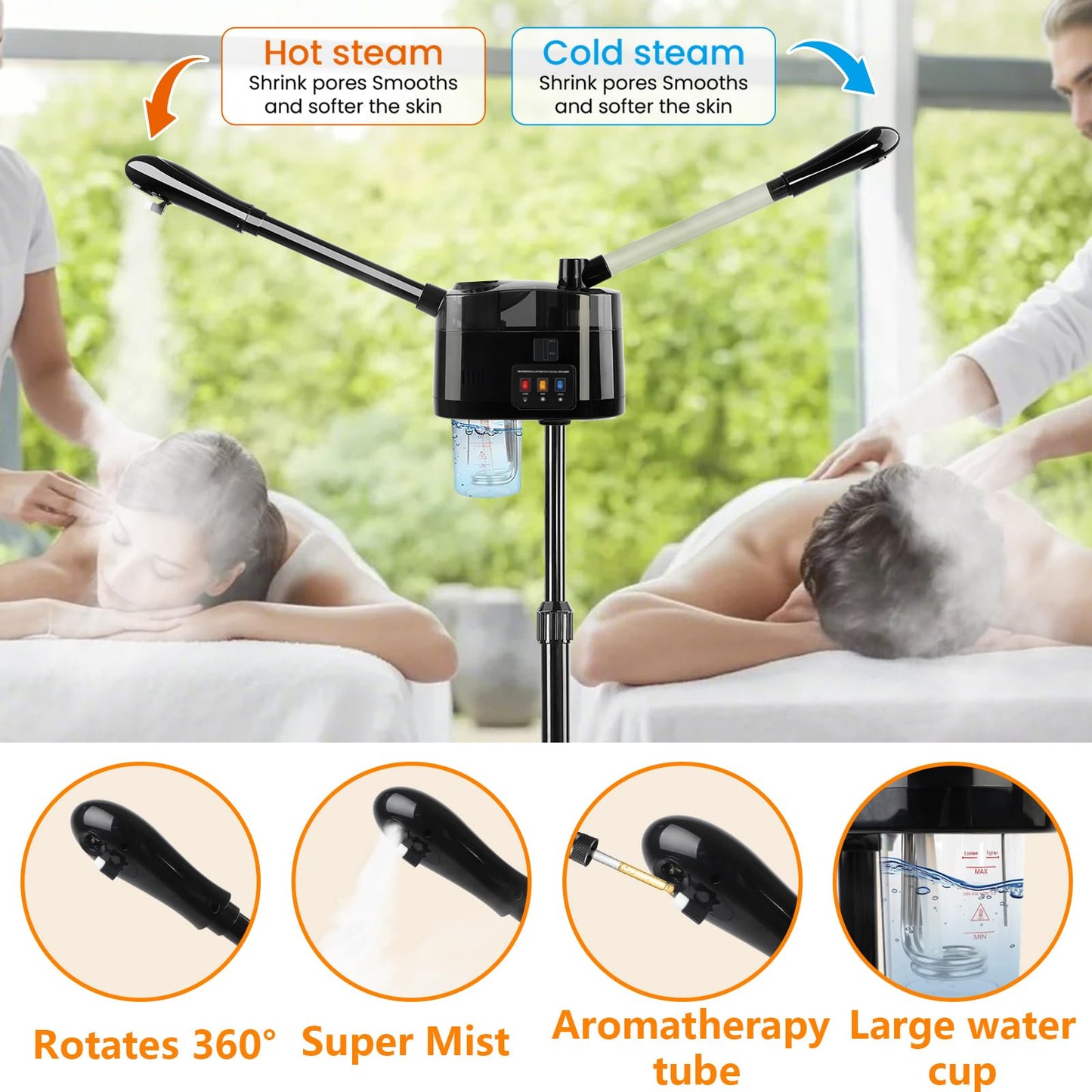 Professional Facial Steamer，Hot & Cold, Esthetician Steamer More Steam,Ozone Facial Steamer for Deep Cleansing and Hydration, Suitable for Beauty, Spa and Home Use, Black