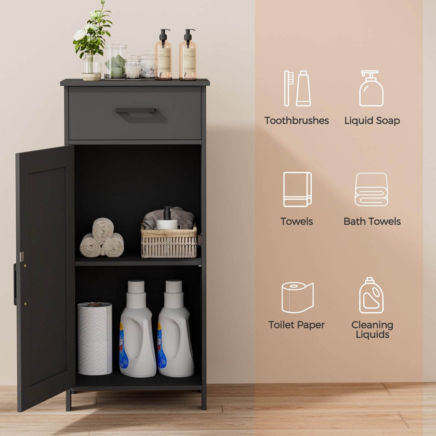 Homhedy Bathroom Storage Cabinet with Drawer, Bathroom Organizers and Storage, Adjustable Shelf, Floor Cabinet for Living Room, Entryway, Kitchen, Black, (15.7" W)