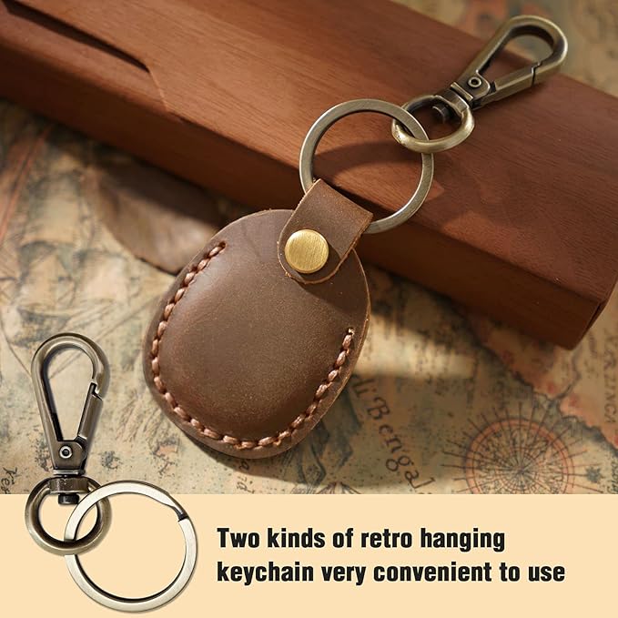 Genuine Leather Airtag Holder, Portable Air Tag Keychain with Key Rings Full Coverage Air Tags Hidden Case Cover Compatible for AirTags Bright Red