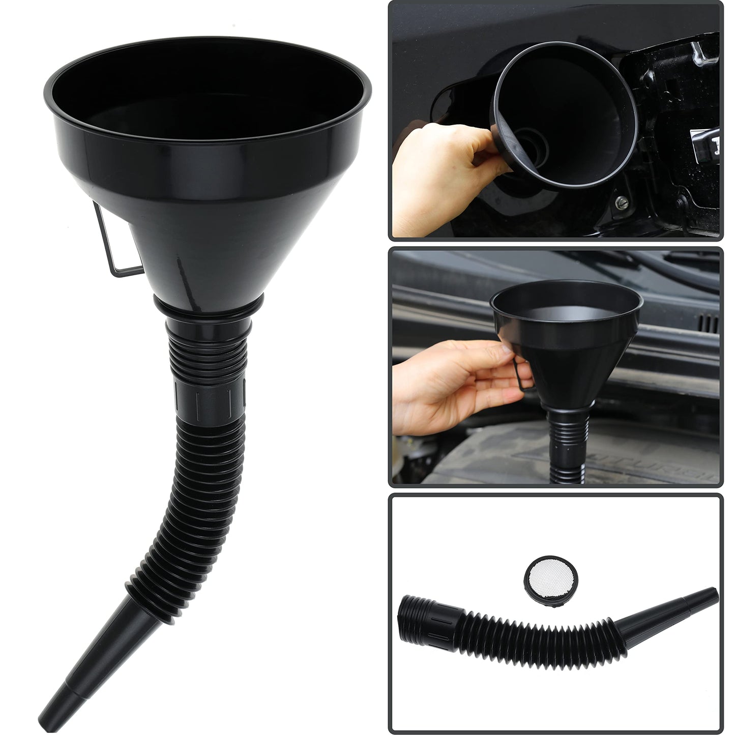 Wide Mouth Oil Funnel with Flexible Extension Nozzle Hose with Handle Mesh Screen Filter for Cars Motorcycles Engine Oil Kerosene Gasoline Gas Fuel Diesel Water Fluid Coolant Liquid